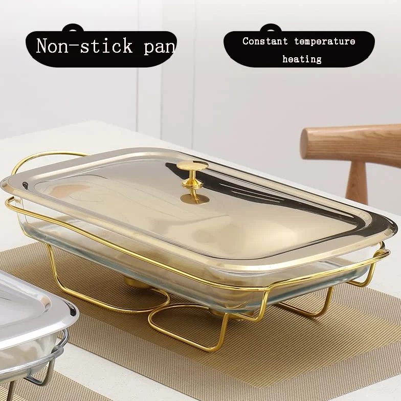 Juego de vajilla de cerámica para Buffet con Plato de Vidrio para Comida, Plato de Agua, Soporte para Combustible para Buffet/Boda/Fiesta/Banquete/Evento de Catering, Dorado (Dorado) (Dorado)