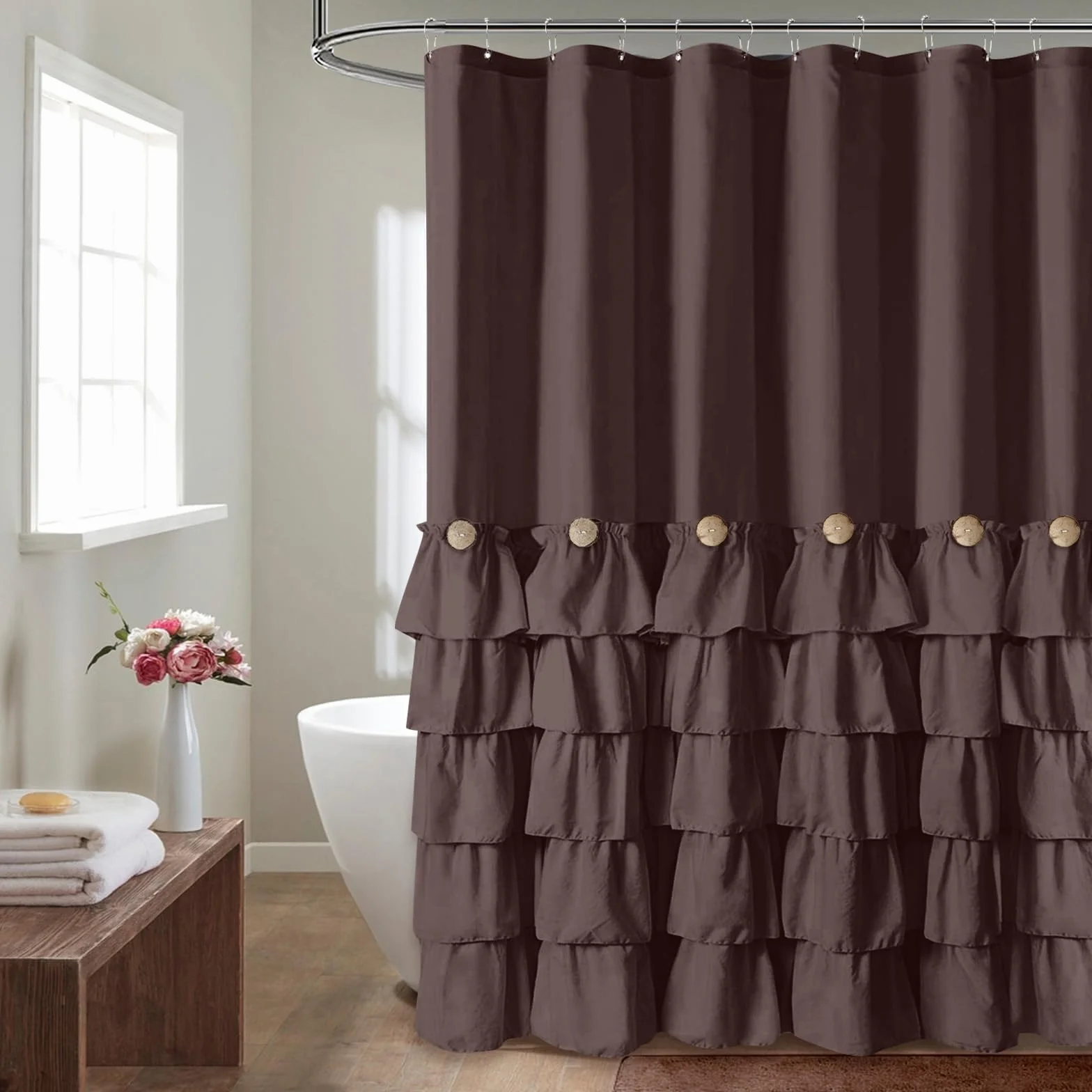 Seasonwood Cortinas de Ducha Marrones para baño, Cortina de Ducha marrón Oscuro con Volantes, Cortina de Ducha de Tela Estilo Granja (marrón)
