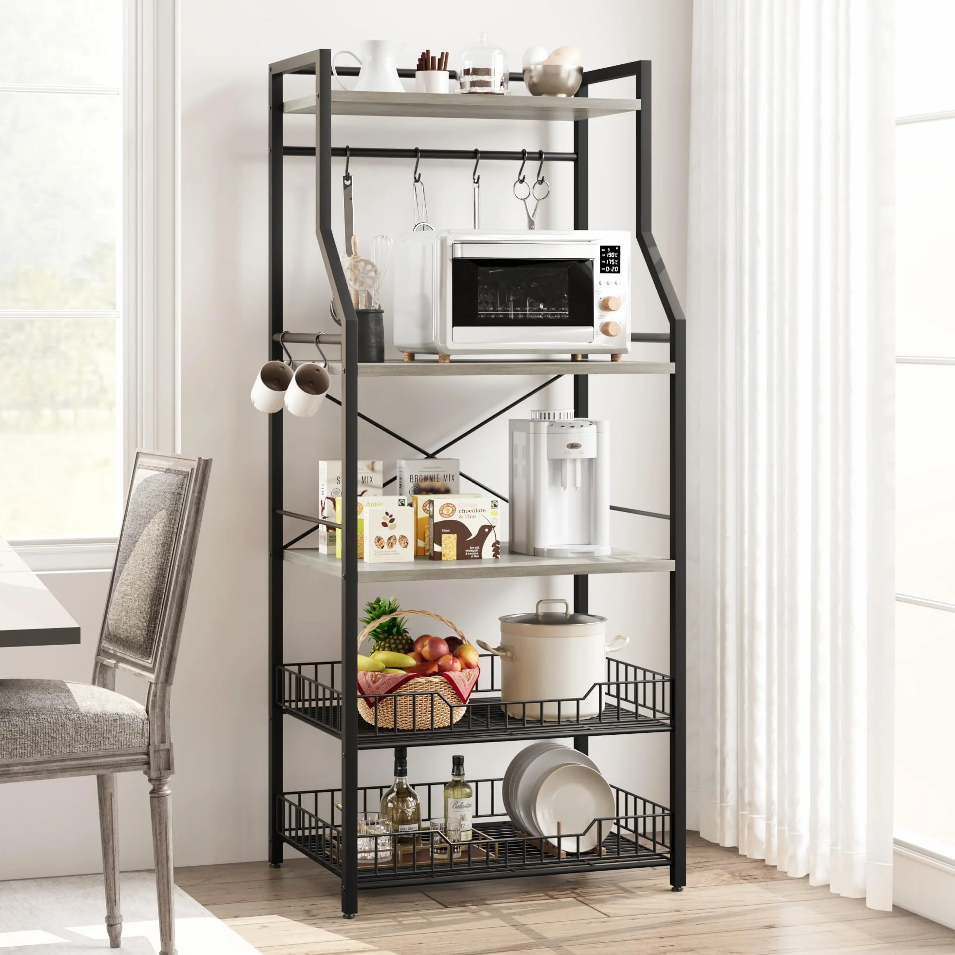 Garvee Estante de cocina de 5 niveles con soporte para microondas, incluye 2 cestas de alambre grandes, 8 ganchos y estantes de almacenamiento industriales para barra de café, perfecto para cocina o