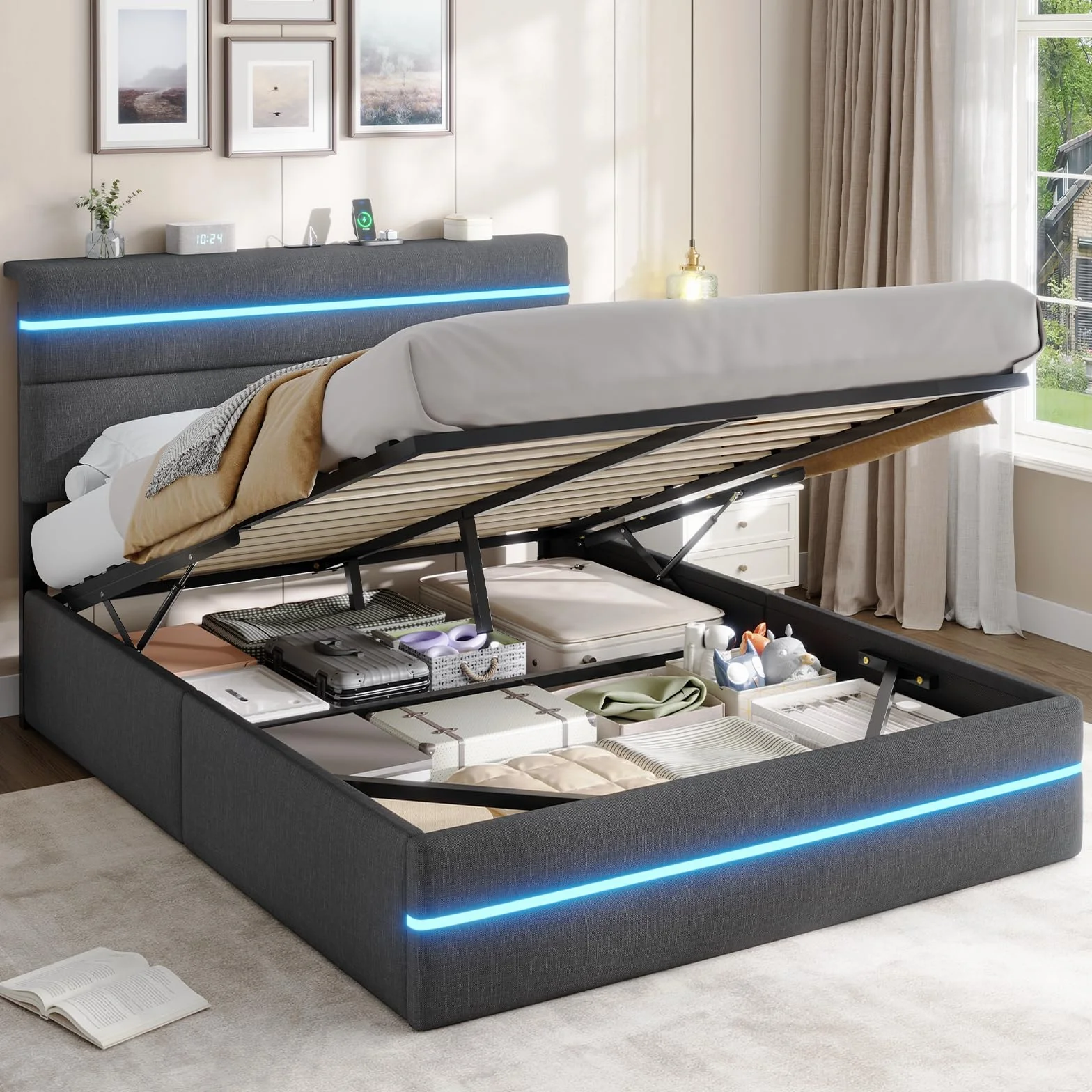 AOGLLATI Cama Matrimonio 140x190 con Almacenamiento Hidráulico, Cama Tapizada con LED y Estación de Carga, Estructura Cama con Cabecero Tapizado, Cama Doble con Canapé de Gran Capacidad, Gris Oscuro