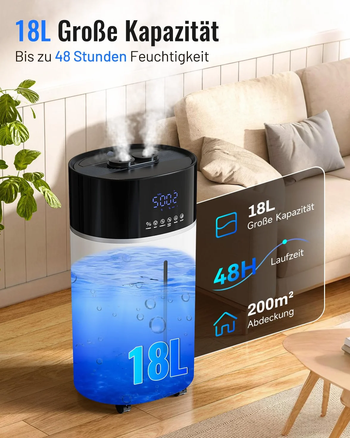 Humidificador para habitaciones grandes, 18 L, tecnología de niebla fría y caliente, color blanco