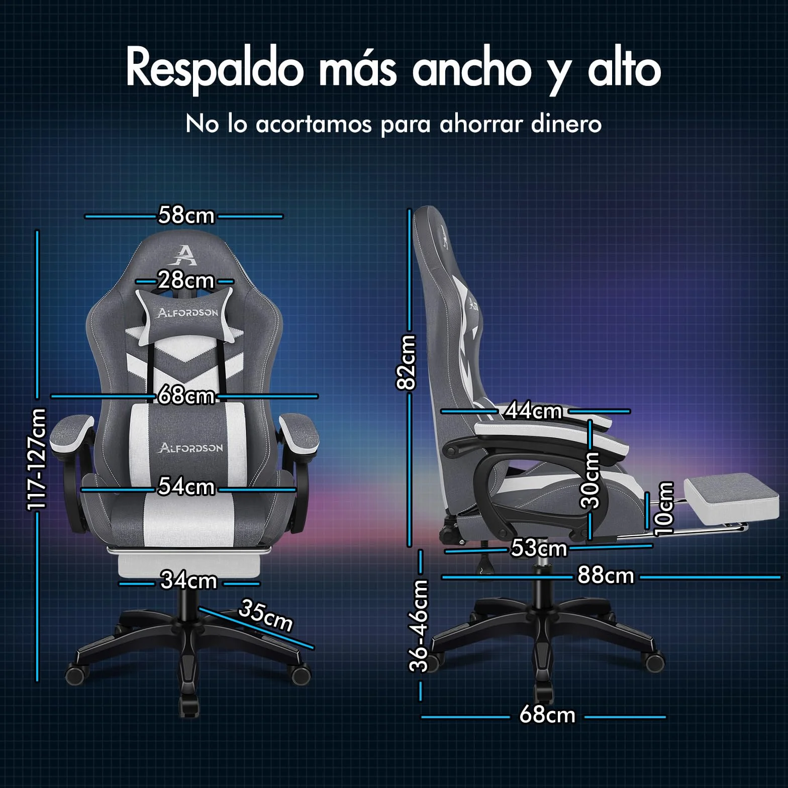 ALFORDSON Silla Gaming con Masaje y LED, Silla Gamer Ergonómica con Cojín Lumbar y Cervical, Reposapiés Telescópico, Iluminación para Ordenador, Videojuego, Juegos, Oficina, Lino(Gris con Splicing)
