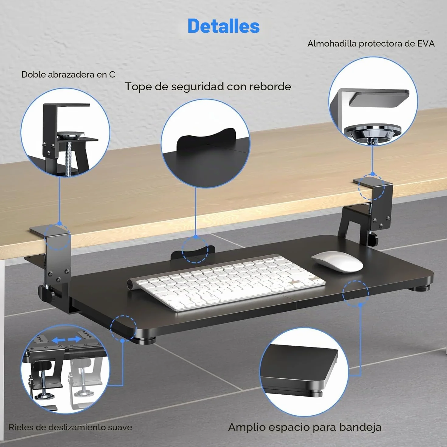 Bandeja para Teclado Debajo del Escritorio, 65.5 x 31.1 cm, Soporte Ergonómico con Abrazadera en C, Plataforma Extraíble y Deslizante