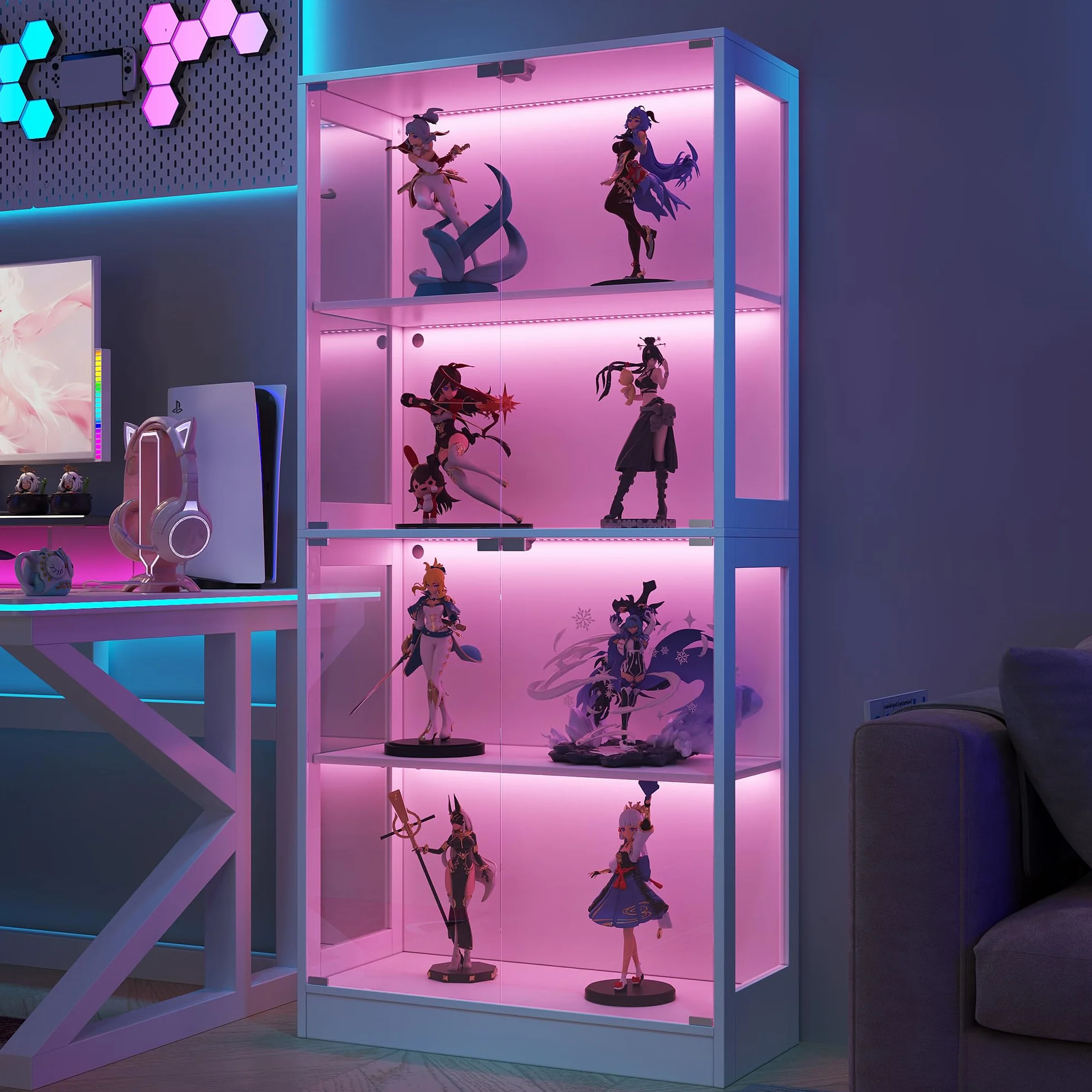 Soweiz Vitrina LED de cristal transparente, 4 niveles de almacenamiento, luz LED controlada por aplicación, puertas push to abiertas, vitrina para figuras y modelos (blanco, 80 x 35 x 170 cm)