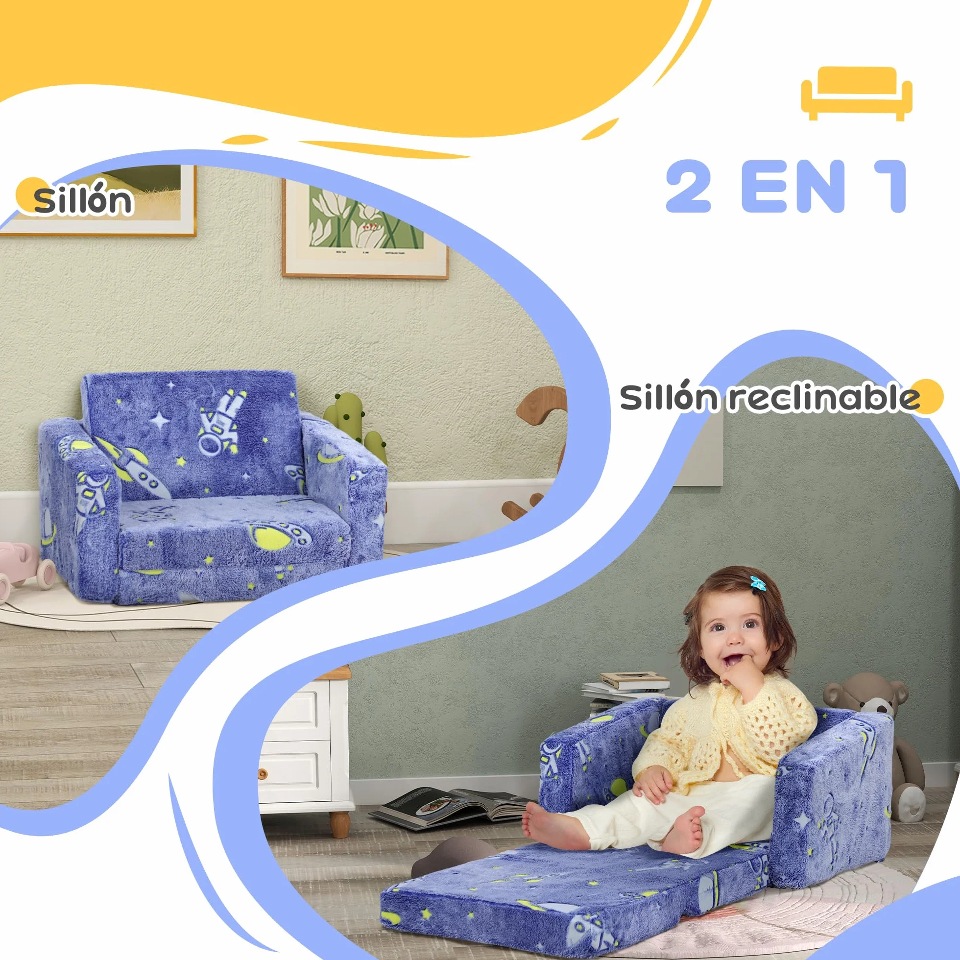 AIYAPLAY Sillón Infantil Plegable Sofá Infantil Reclinable 2 en 1 Sofá para Bebés Tapizado de Tela Luminosa Cojín y Funda Lavables para Dormitorio Salón Azul