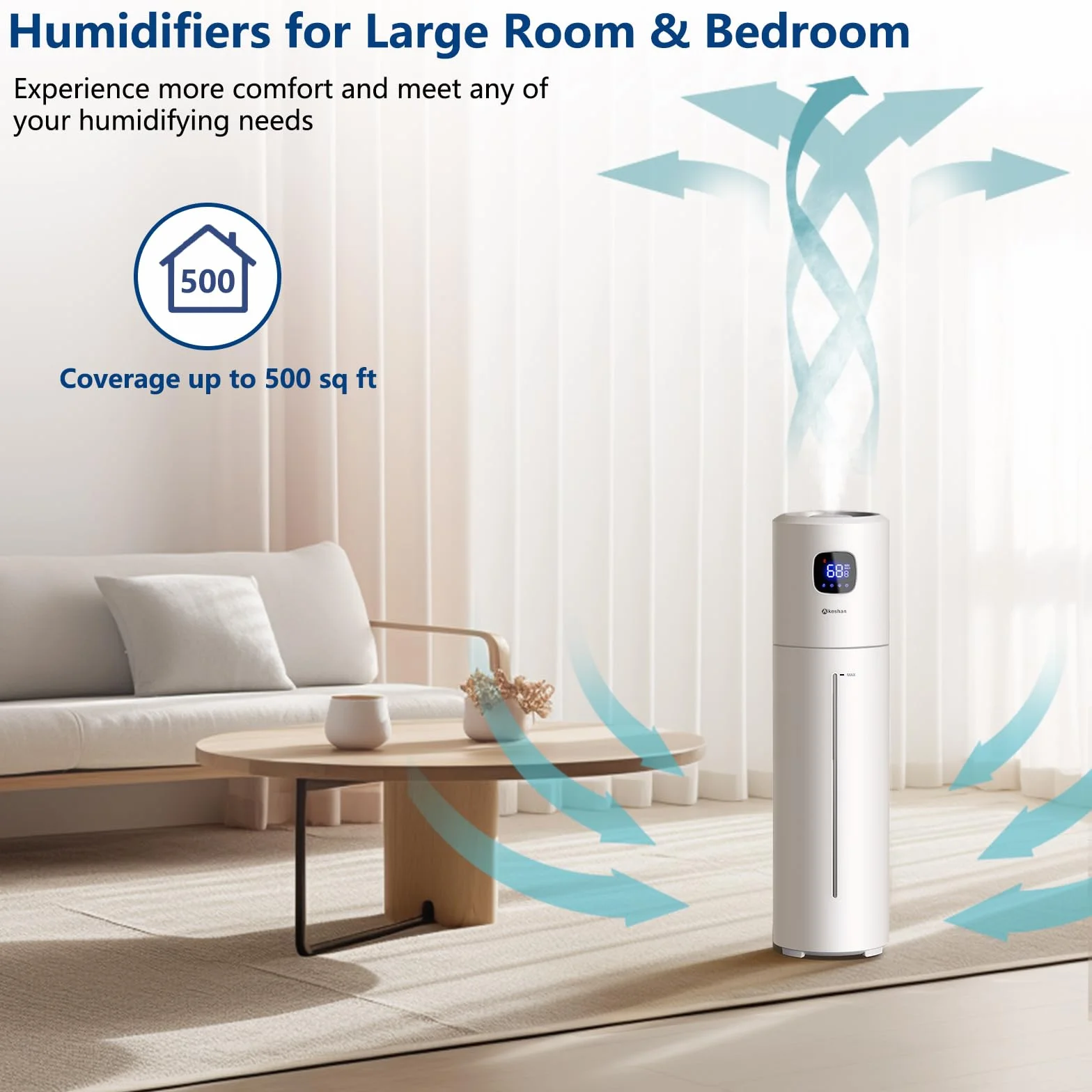 Akeshan Humidificador grande para dormitorio, niebla fría ultrasónica de 9 litros, llenado superior fácil de limpiar con gran velocidad de niebla de 350 ml/h, silencioso, adecuado para habitación de