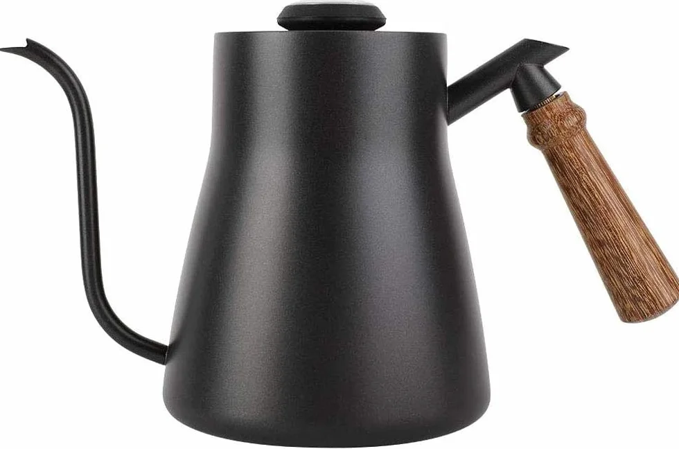 POEFT Tetera de café de 850 ml con termómetro integrado, de acero inoxidable, cuello de cisne, cafetera larga y estrecha con mango ergonómico de madera aislado