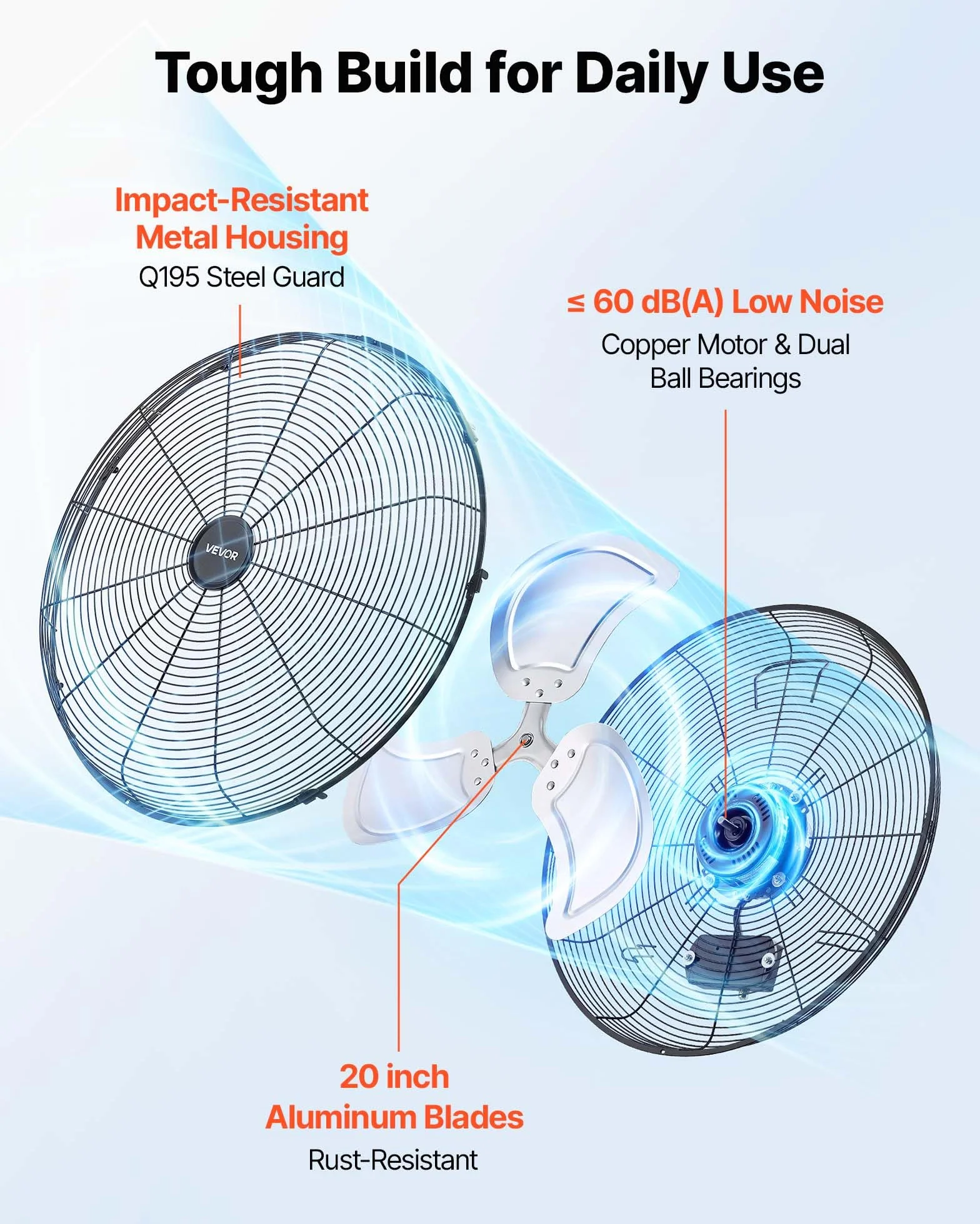 VEVOR Ventilador de Pared, Paquete de 2, con 3 Velocidades, Aire de Flujo, Ángulo Ajustable, Motor de Cobre, Ventilador Industrial Oscilante de Acero para Taller, Garaje, Gimnasio, Comercio, Almacén