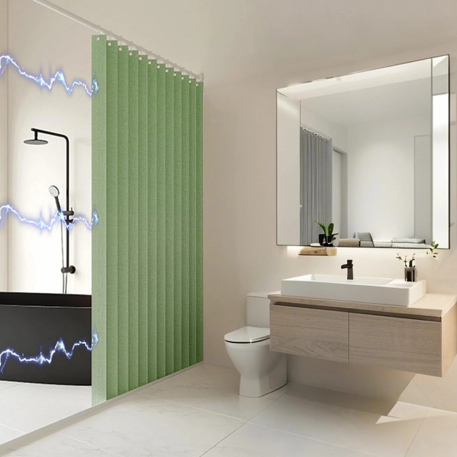 Cortina de Ducha Magnética Plegable Impermeable y Antimoho, Cortinas de Ducha de Tela Plisada, Resistentes y Lavables para Baño, 340g/m², Verde Manzana, 80x200cm