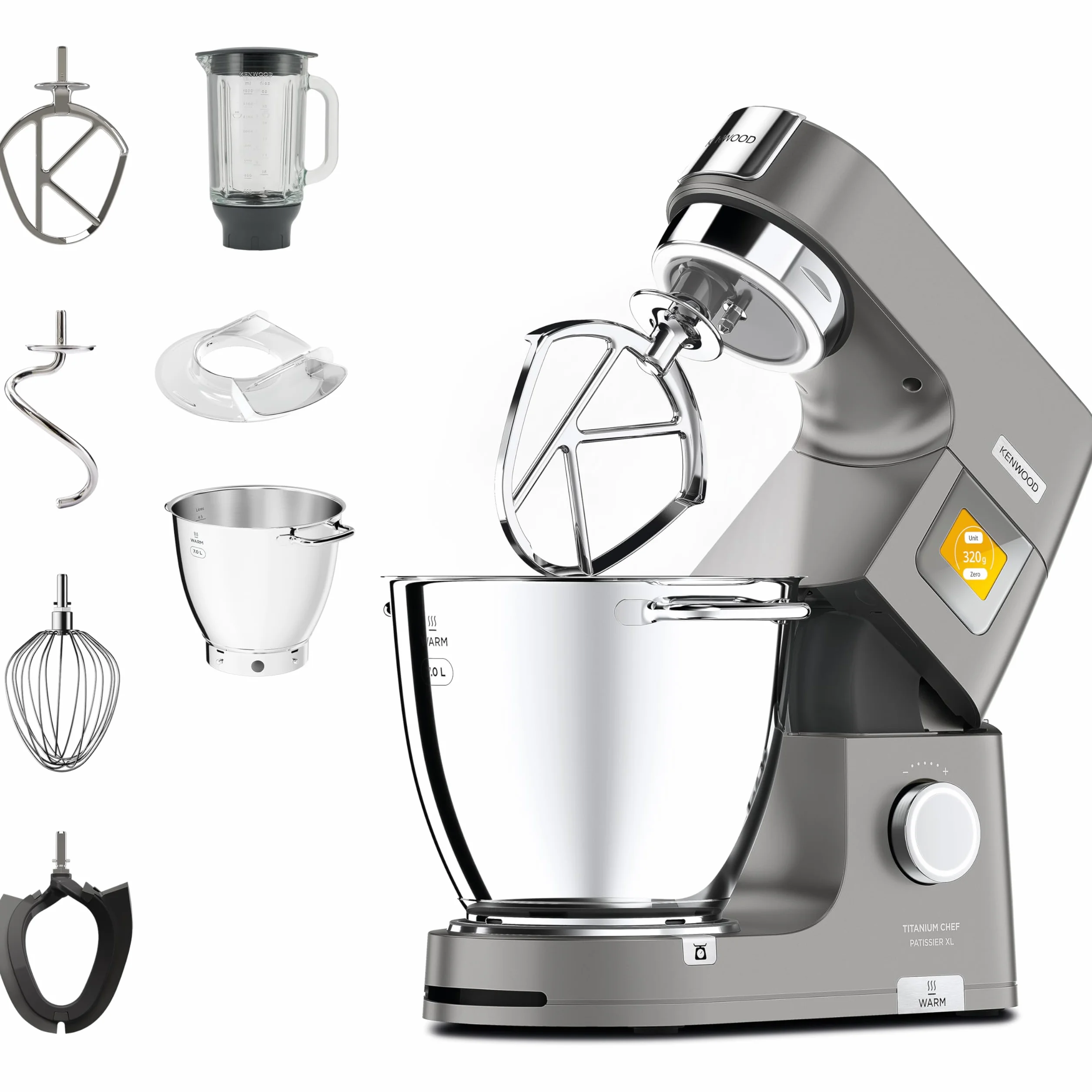 Kenwood Titanium Chef Pattissier - Robot de Cocina (1400 de potencia, bol de 7 litros y batidora de vaso de cristal incluidos, 4 herramientas, pantalla tactil), Color Plata