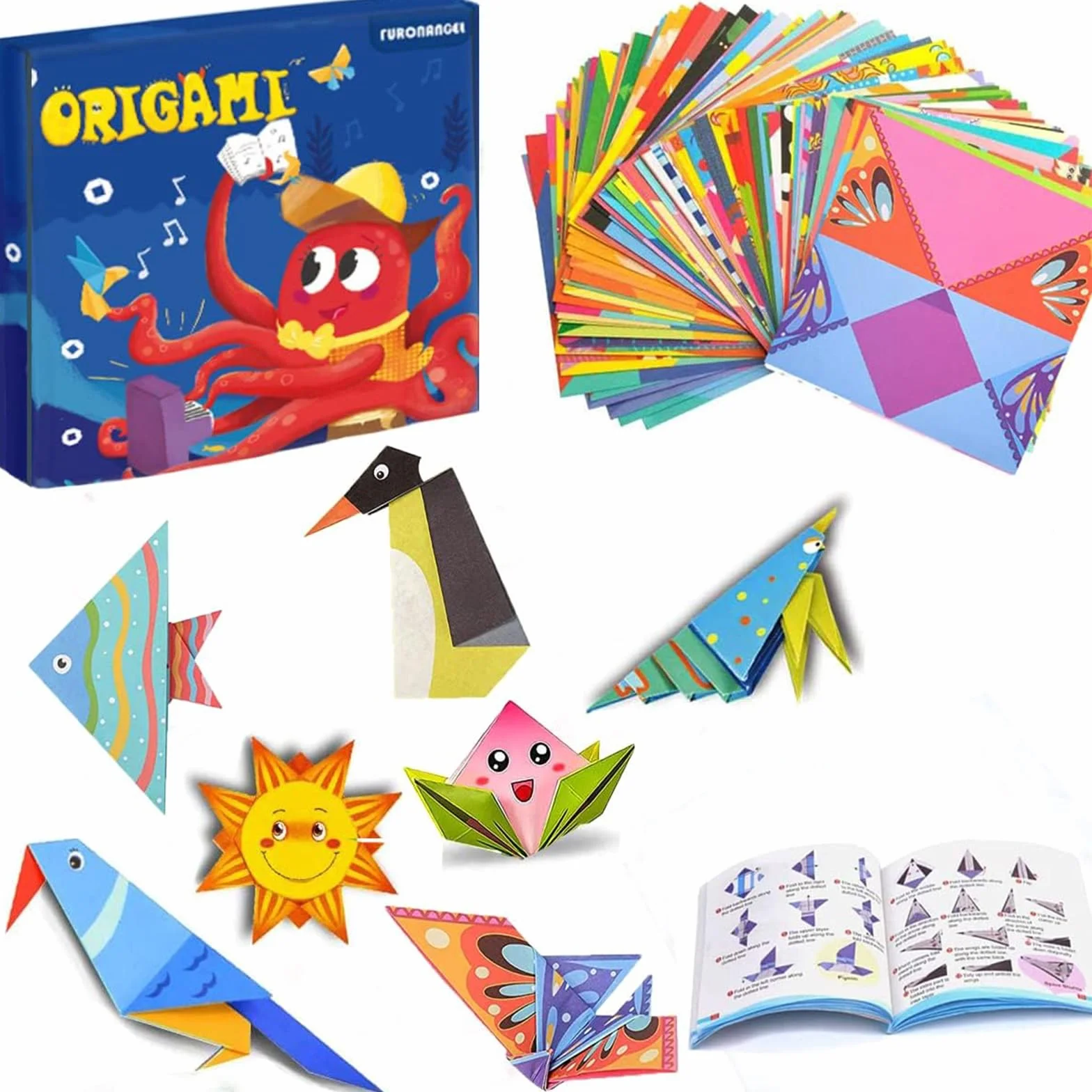Kit de Origami 108 Hojas 14x14 cm Papel Doble Cara Vívido con Libro en Inglés para Principiantes