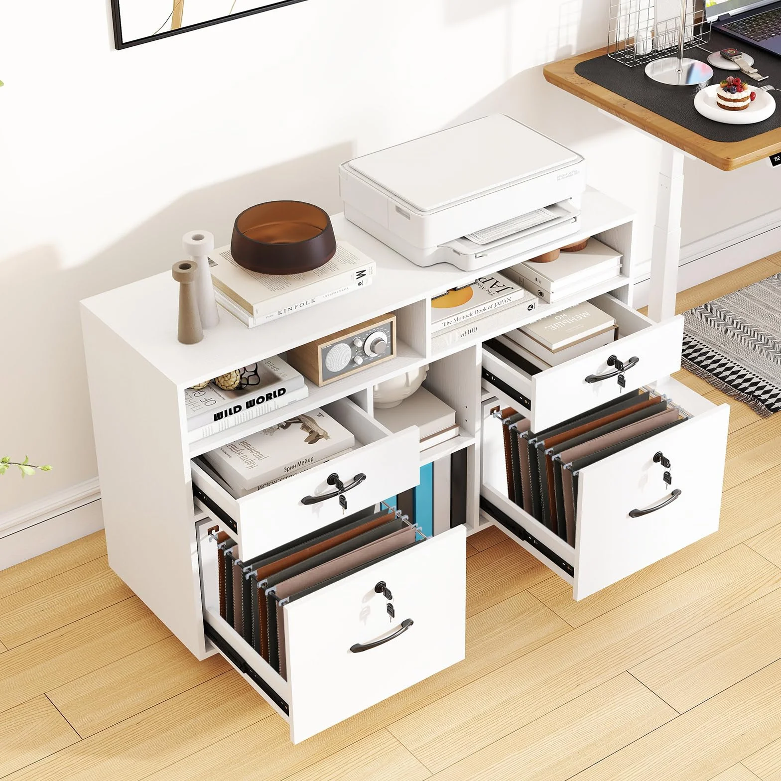 KOMFOTTEU Armario Archivador con Ruedas, Cajonera Escritorio con Cerradura con 4 cajones, Soporte para Impresora con Estante Ajustable para Carpetas A4/Carta para Oficina, 104 x 35 x 65,5 cm (Blanco)