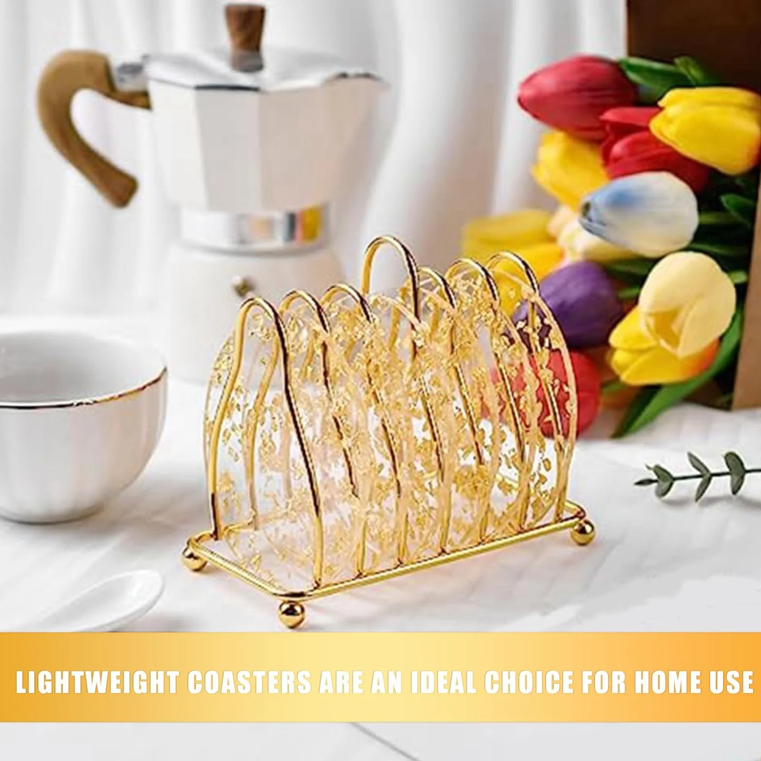 Posavasos Redondos Transparentes para Bebidas Juego de 6, Lámina de Oro, Lavables Antideslizantes para Café Té Copas