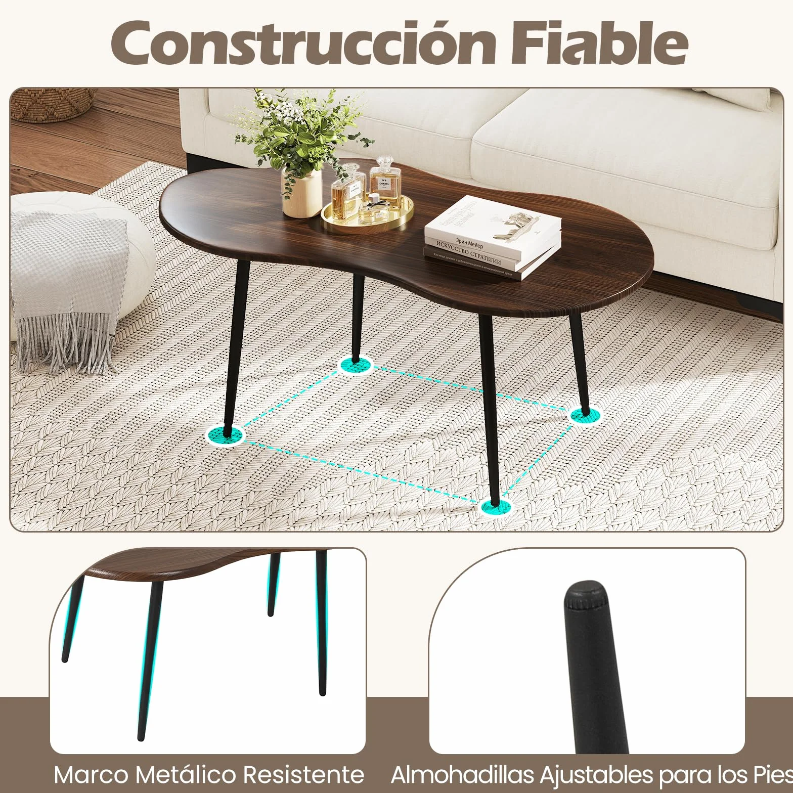 COSTWAY Mesa de Centro con Forma de Nube, Mesita Central Irregular Moderna con Estructura Metálica, Mesita Auxiliar de Madera Decorativa para Saon Oficina Espacios Pequeños, 100 x 50 x 44 cm (Nogal)