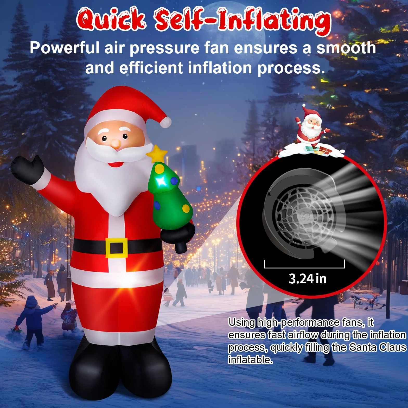 Papá Noel Inflable, 244cm Santa Claus Hinchable con Luces LED, Inflador Eléctrico Decoración Navideña para Interiores Exteriores, IP44 Impermeable -1000mAh/12W