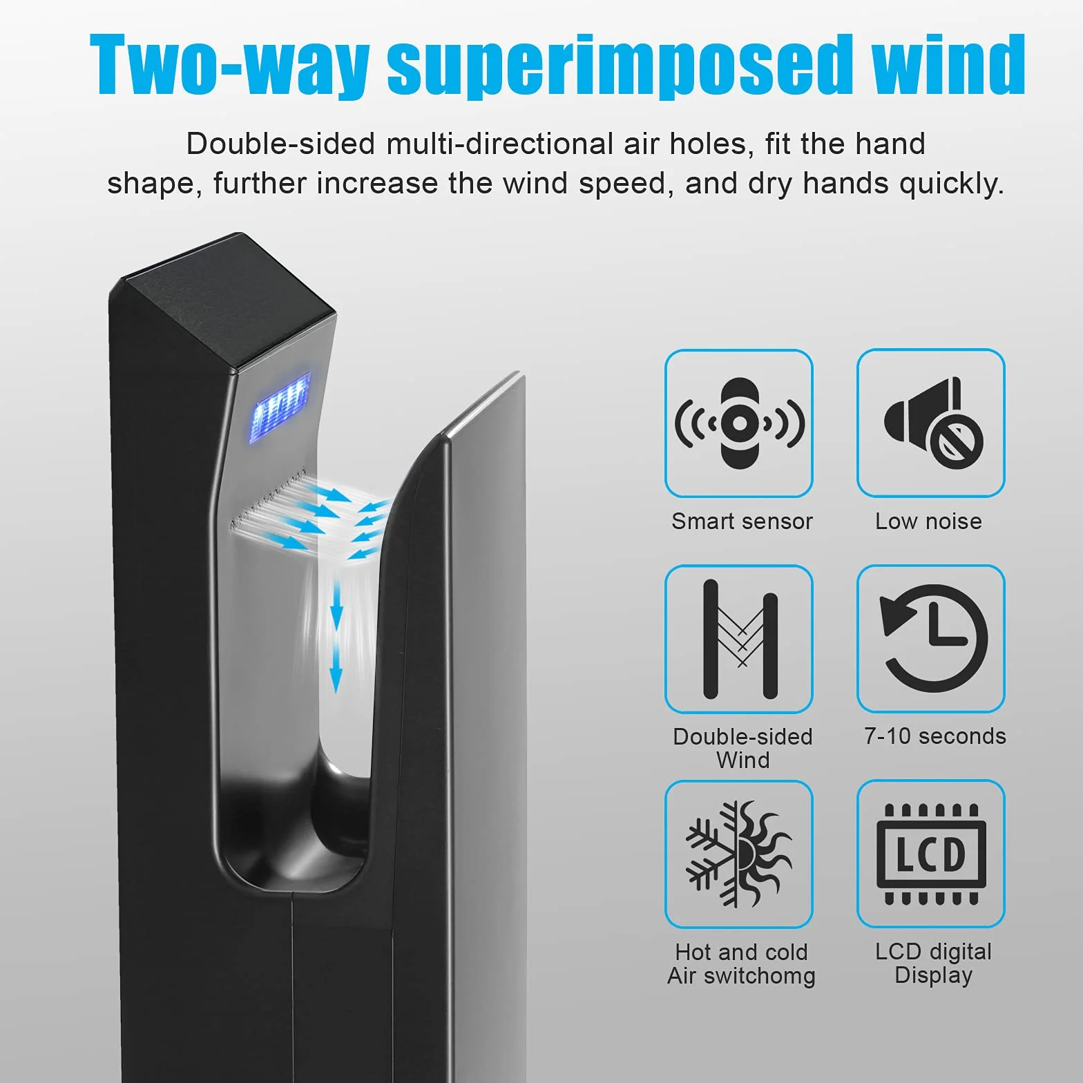 QL Secador de Manos Eléctrico con Filtro-HEPA y Esterilización-UVC,Alta Velocidad 1350W,Aniónica Automático,para Baño Comercial,Negro Mate