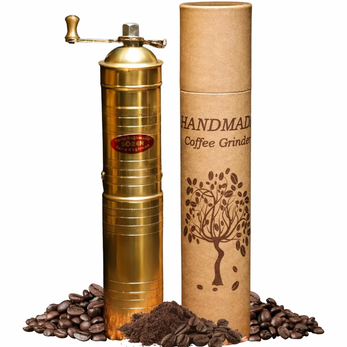 Sozen - Molinillo de café manual de latón de 9 pulgadas, molinillo de fresa de manivela para café turco, prensa francesa, espresso, camping y uso doméstico, molinillo cónico ajustable