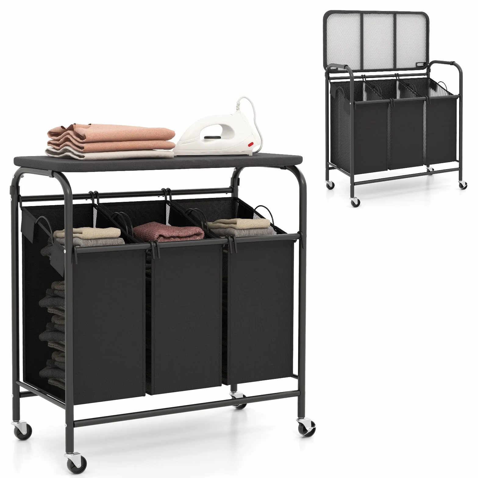 RELAX4LIFE Carro para la colada con 3 compartimentos, cesta para la ropa sucia con tabla de planchar plegable y bolsas extraíbles, cesta para la colada y el baño, negro y gris