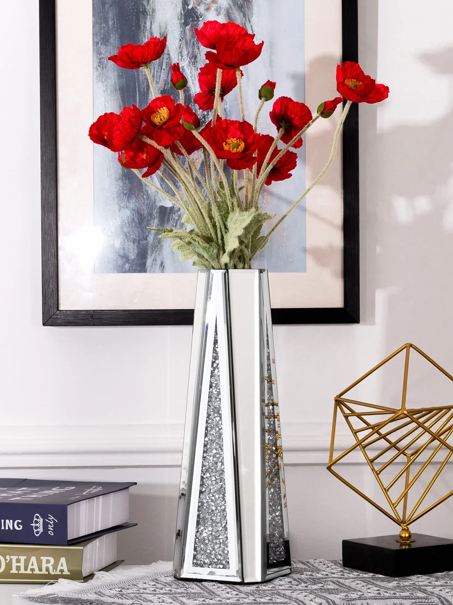 SHYFOY Jarrón grande para flores secas, 33 cm, decorativo de plata y cristal con cristales para el hogar, salón, mesa de comedor, boda
