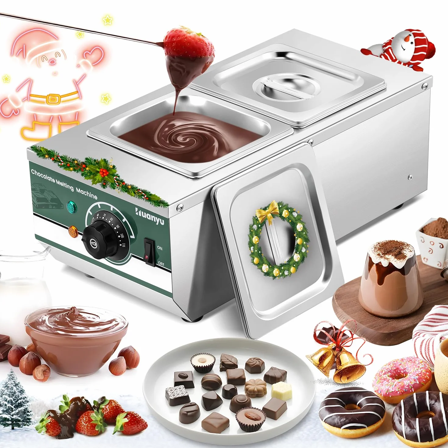 Huanyu Temperadora de chocolate con 2 ollas 30℃-110℃ Máquina derretidora de chocolate Fundidor de chocolate comercial de 800W Calentador de agua para fundir chocolate
