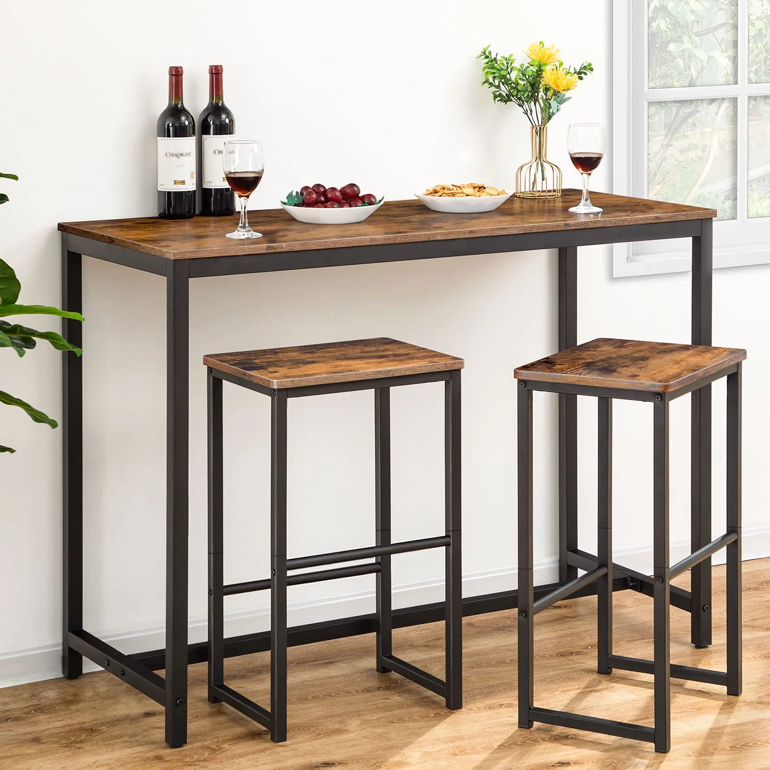 HOOBRO Taburete de Bar, Juego de Dos Taburetes de Bar, Taburetes de Cocina con Reposapiés de Diferente Altura, Estructura Metálica, Cantos Suaves, para Cocina, Comedor, Sala de Estar EBF34BY01