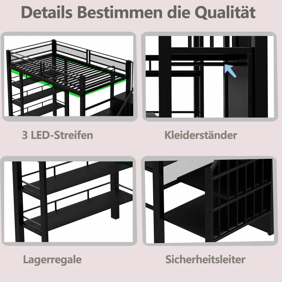 Cama alta de 90 x 200 cm con tira luminosa LED y toma de corriente, cama de hierro forjado con compartimento de almacenamiento y librería, cama individual de metal multifuncional, sin colchón
