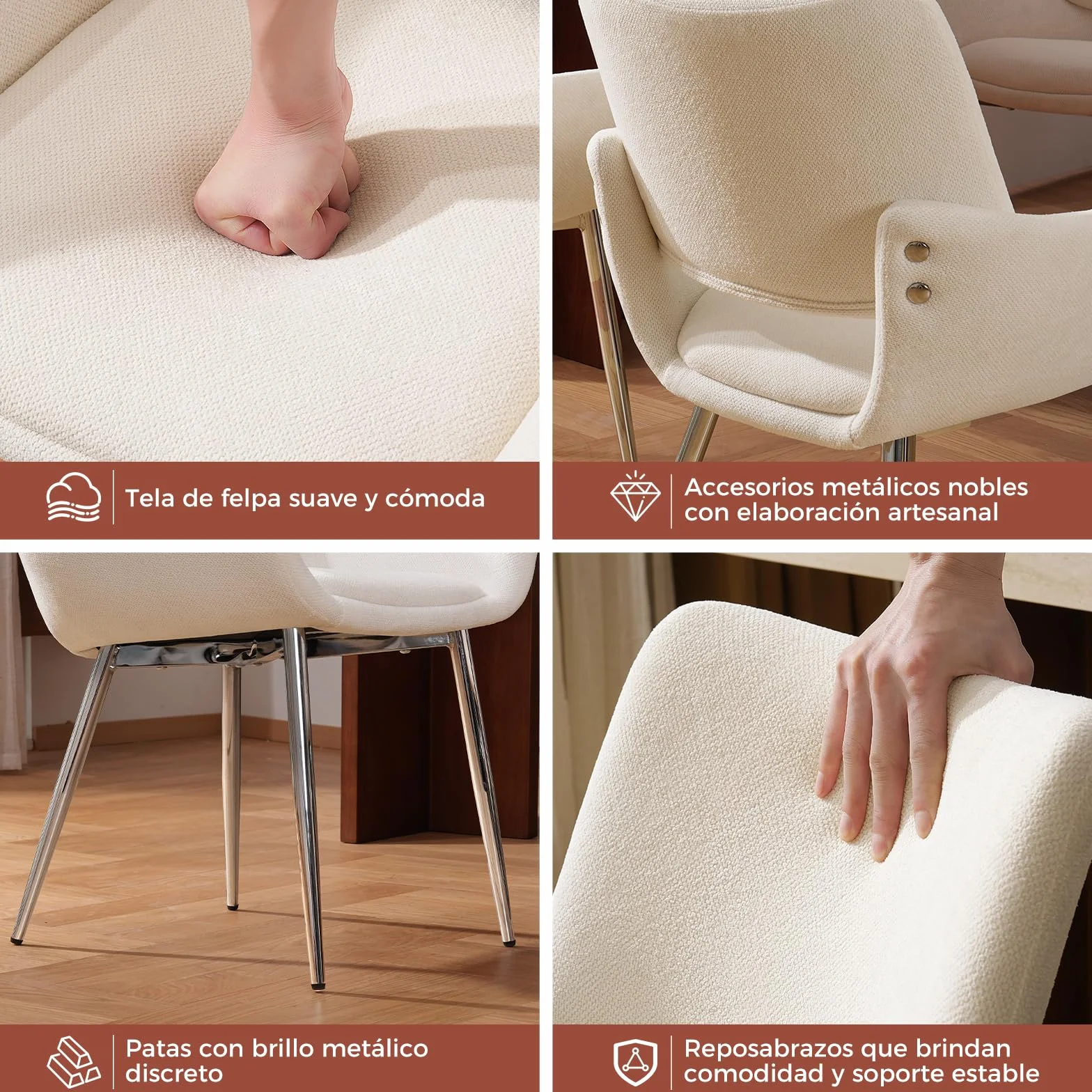 ELUCHANG 4 Sillas de Comedor, Chenilla​ Blanco Hueso, con Respaldo y Reposabrazos,Patas metálicas, para Comedor, Tocador, Cocina, Estables 150 kg