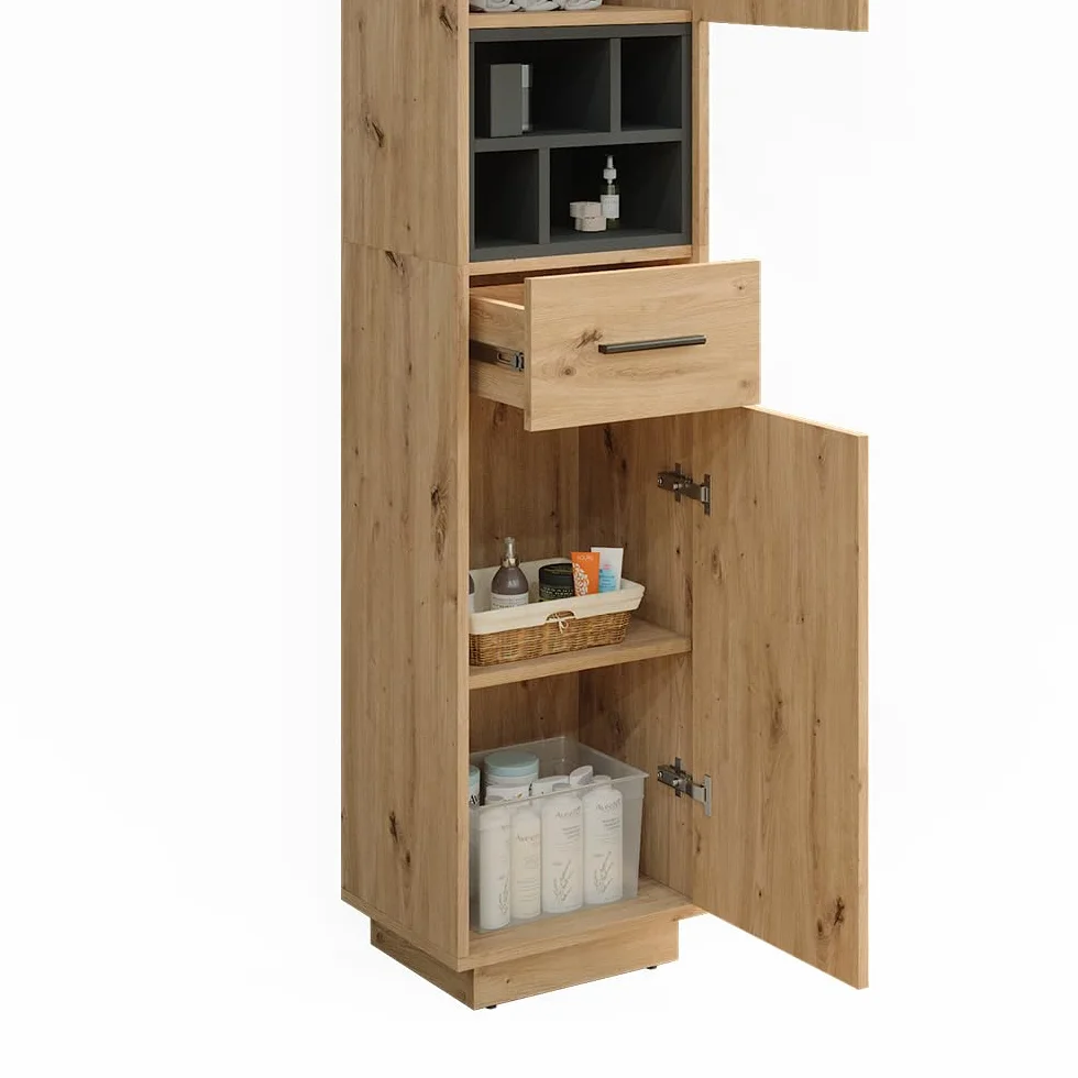 Vicco Armario de baño Beatrice, Roble Artesanal/Antracita, 38 x 190 cm con Puertas, cajón, para el Almacenamiento de artículos de baño y Compatible con Beatrice