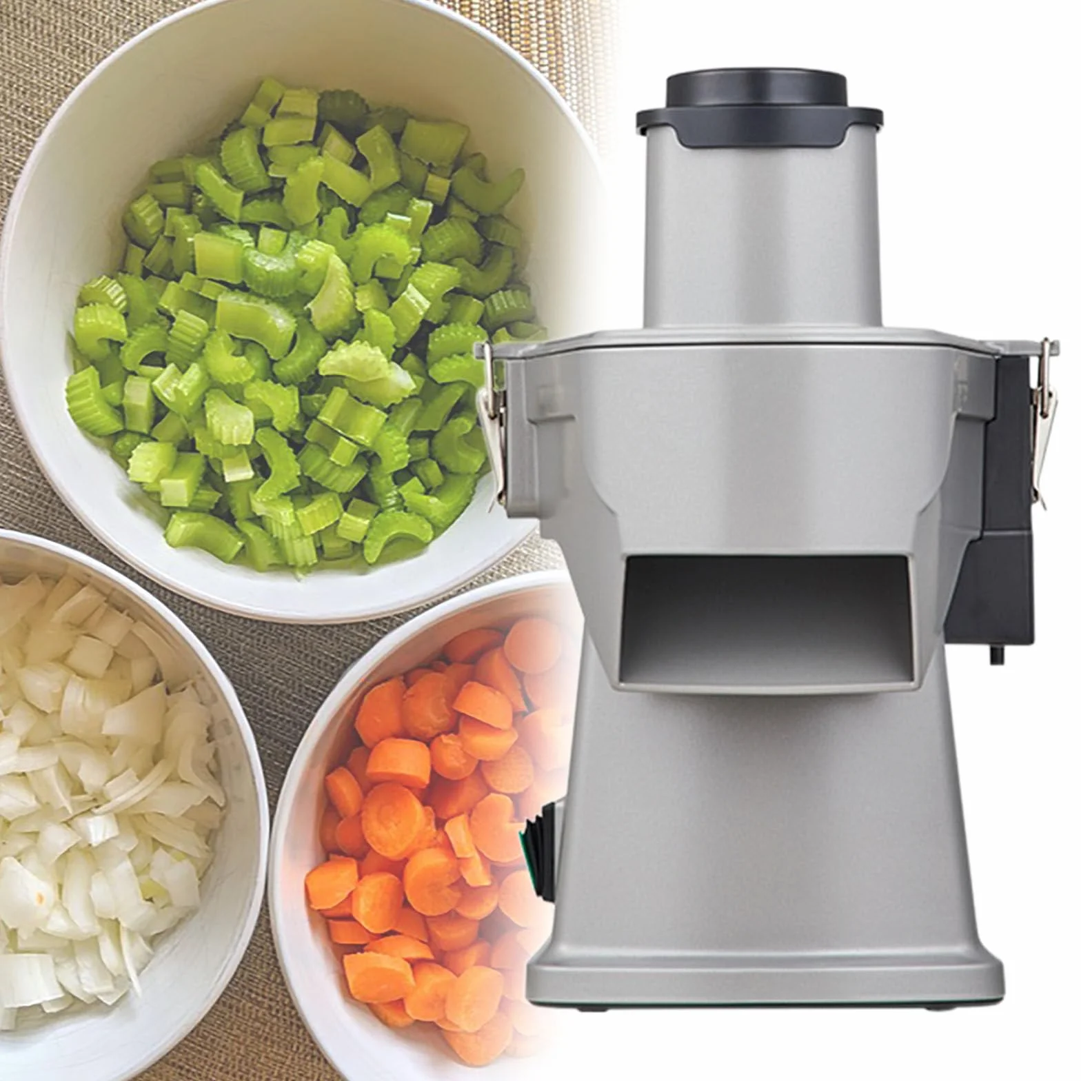 Máquina Cortadora Alimentos 4 en 1 Cortadora Eléctrica de Verduras con Hoja de acero inoxidable Máquina Cortadora de Frutas y Verduras para Cortar Trozos en Rodajas Espesor Ajustable 1-3 mm