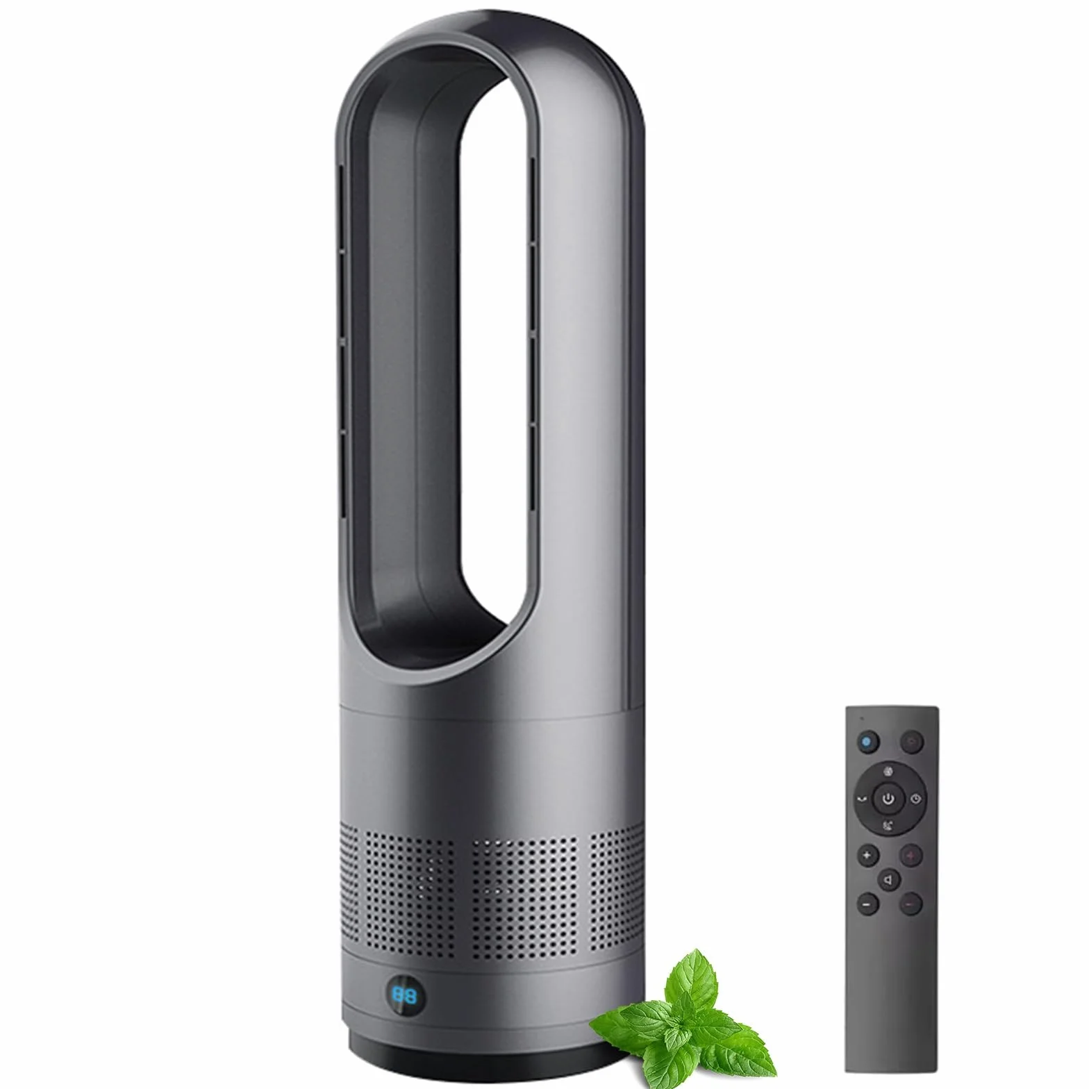 Ventilador de torre caliente y frío con mando a distancia, ventilador sin aspas de 18 pulgadas con temporizador de 8 horas, 8 velocidades, pantalla LED, oscilación de 80°, ventiladores de pie co gray