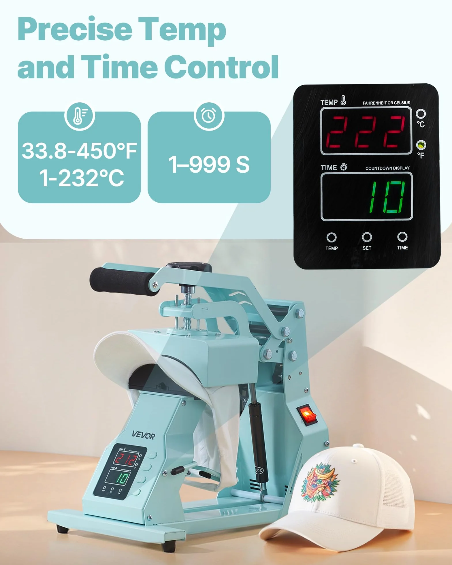 VEVOR Máquina de Prensado Térmico, Prensa de Transferencia Térmica con 4 Platinas Intercambiables, Control Preciso de Tiempo y Temperatura, Máquina de Sublimación HTV para Gorras, Diademas, Verde