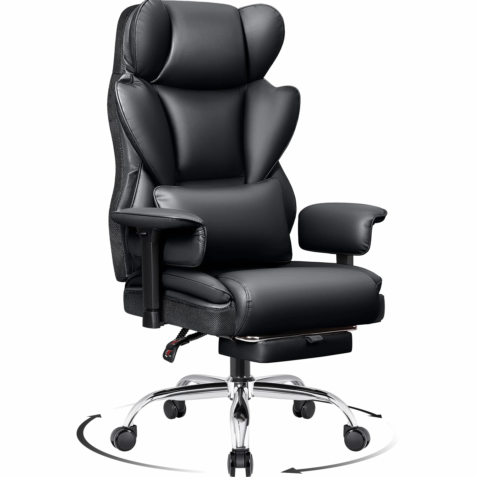 Silla Ergonómica Escritorio Amplia, Silla Oficina Ejecutiva con Reposapiés 165 ° Respaldo Ajustable Silla Gaming en casa Cuero imitación 150-200KG, Negro