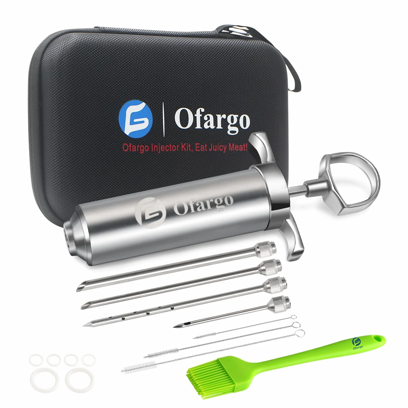 Ofargo Inyector de Condimento con 4 agujas de adobo, Se Utiliza para el Condimento de Carnes Como Carne de res, Pollo, Pavo; Jeringuilla Cocina 60 ml/2 oz; Con bolsa de EVA para guardarlo fácilmente