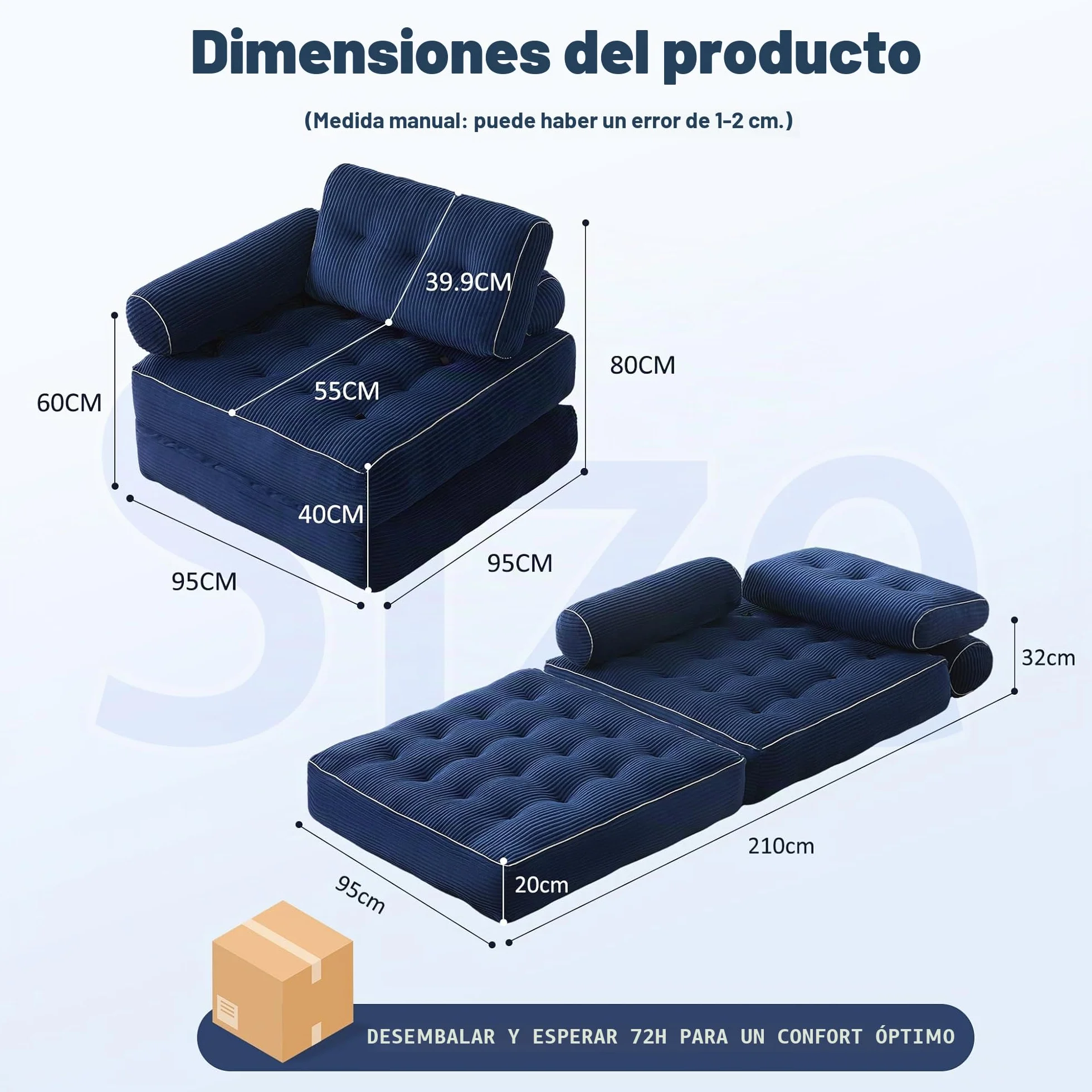 Sillón Cama Individual Plegable con Respaldo y Espuma viscoelástica, sofá de Suelo Tipo futón Convertible en colchón, Ideal para salón, Dormitorio u Oficina