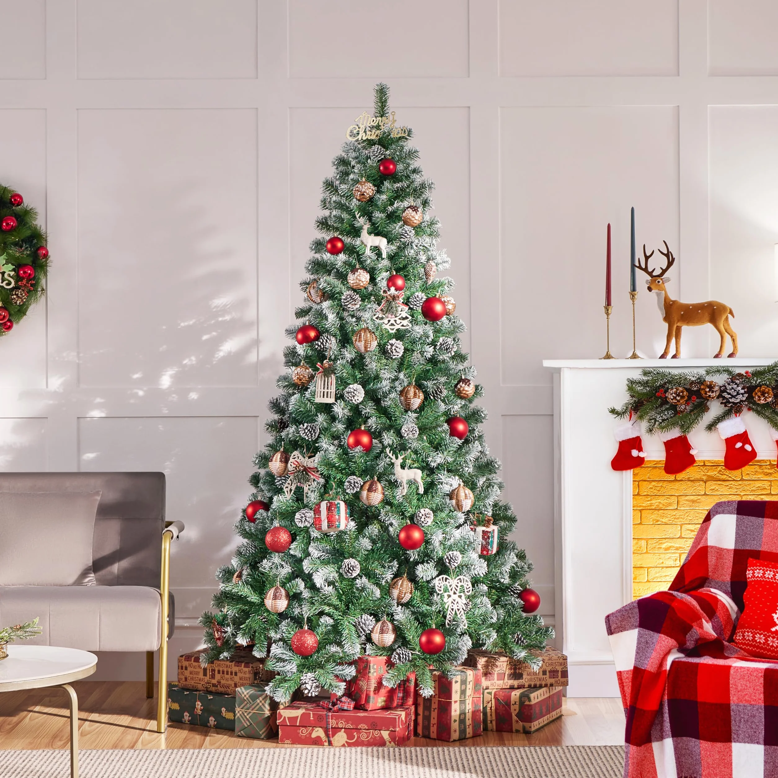 Yaheetech 183cm Árbol de Navidad Nevado Artificial 920 Puntas con 64 Frutas de pinos Soporte Metálico Plegable para Decoración Casa Oficina Fiestas Festivas