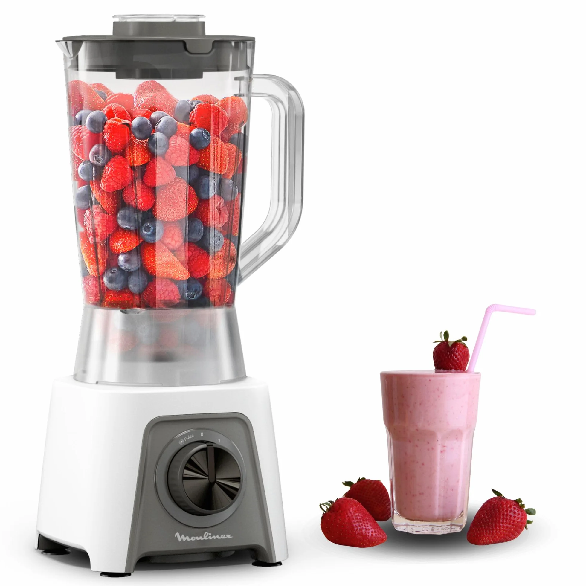 Moulinex Blendeo+, Batidora de vaso de 450 W, Jarra de 1,5 L, 2 velocidades + función Pulse, Pica hielo, Duraforce Label, Sistema de bloqueo inteligente, Cuchillas extraíbles, Blanca, LM2C0110