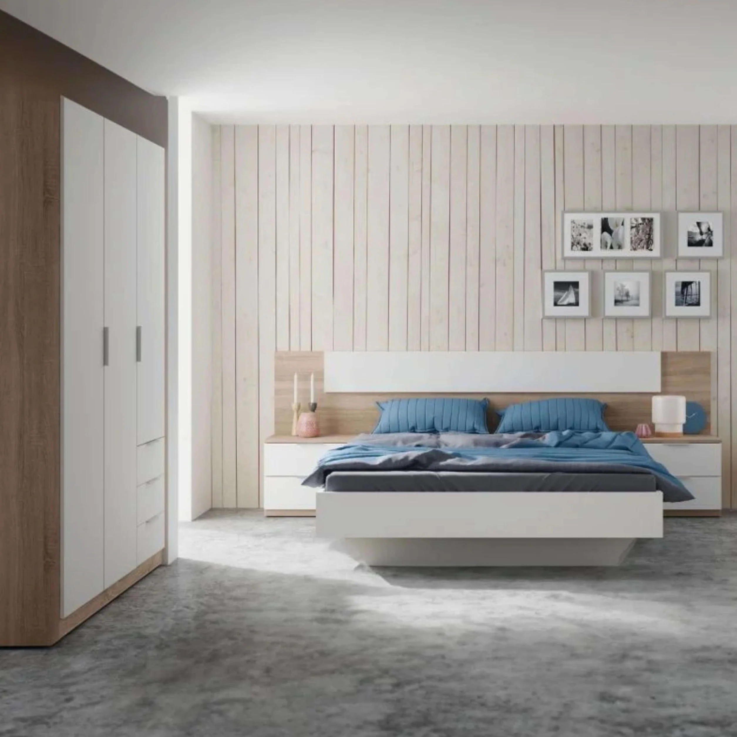 Miroytengo Pack Muebles Dormitorio Estilo Nórdico para Camas 150 cm (Cabezal+2 Mesitas+Armario)