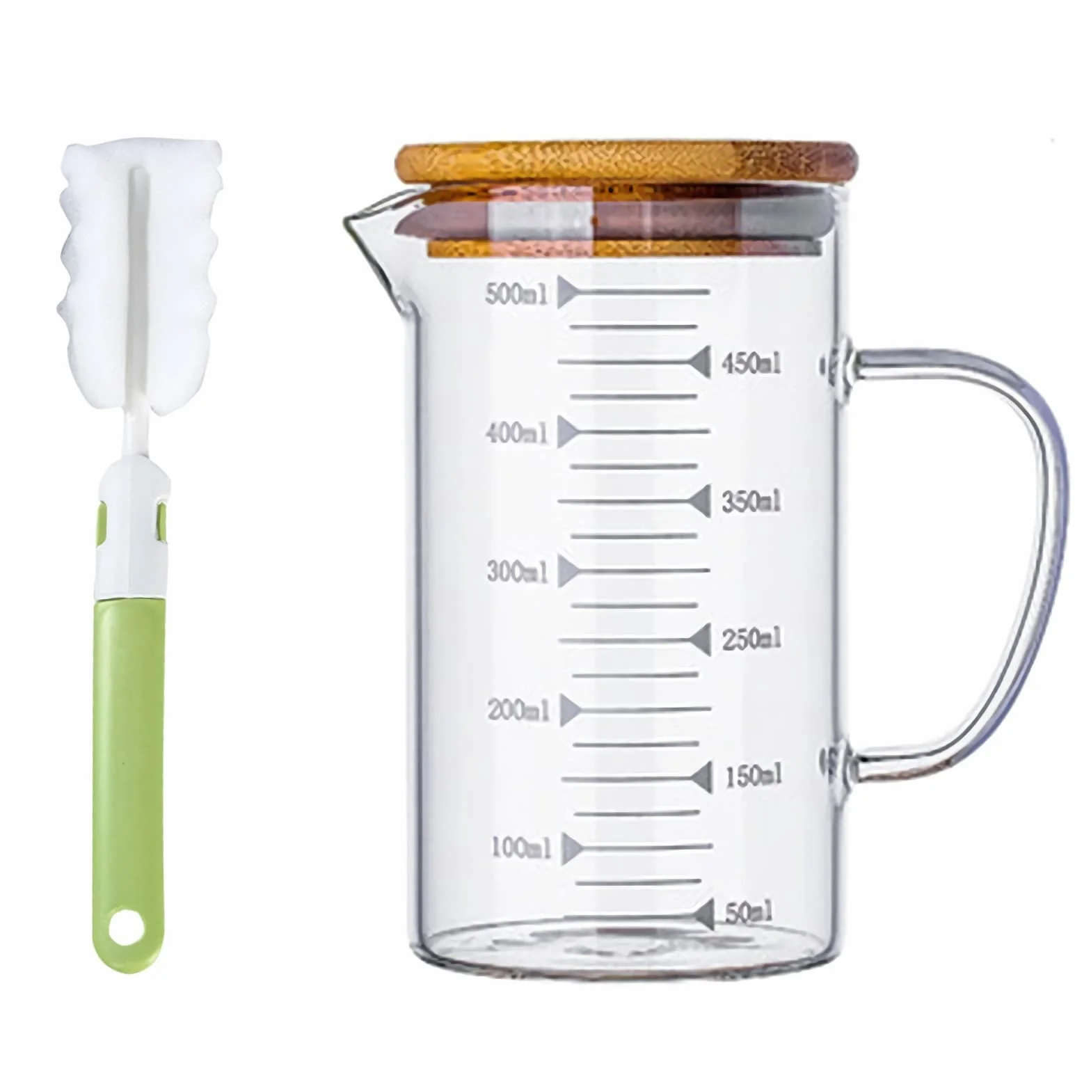 Jarra medidora de vidrio con tapa, vaso graduado con asa, contenedor de almacenamiento de sólidos líquidos, taza medidora con cepillo de limpieza, tazas mezcladoras para hornear bebidas de café, sum