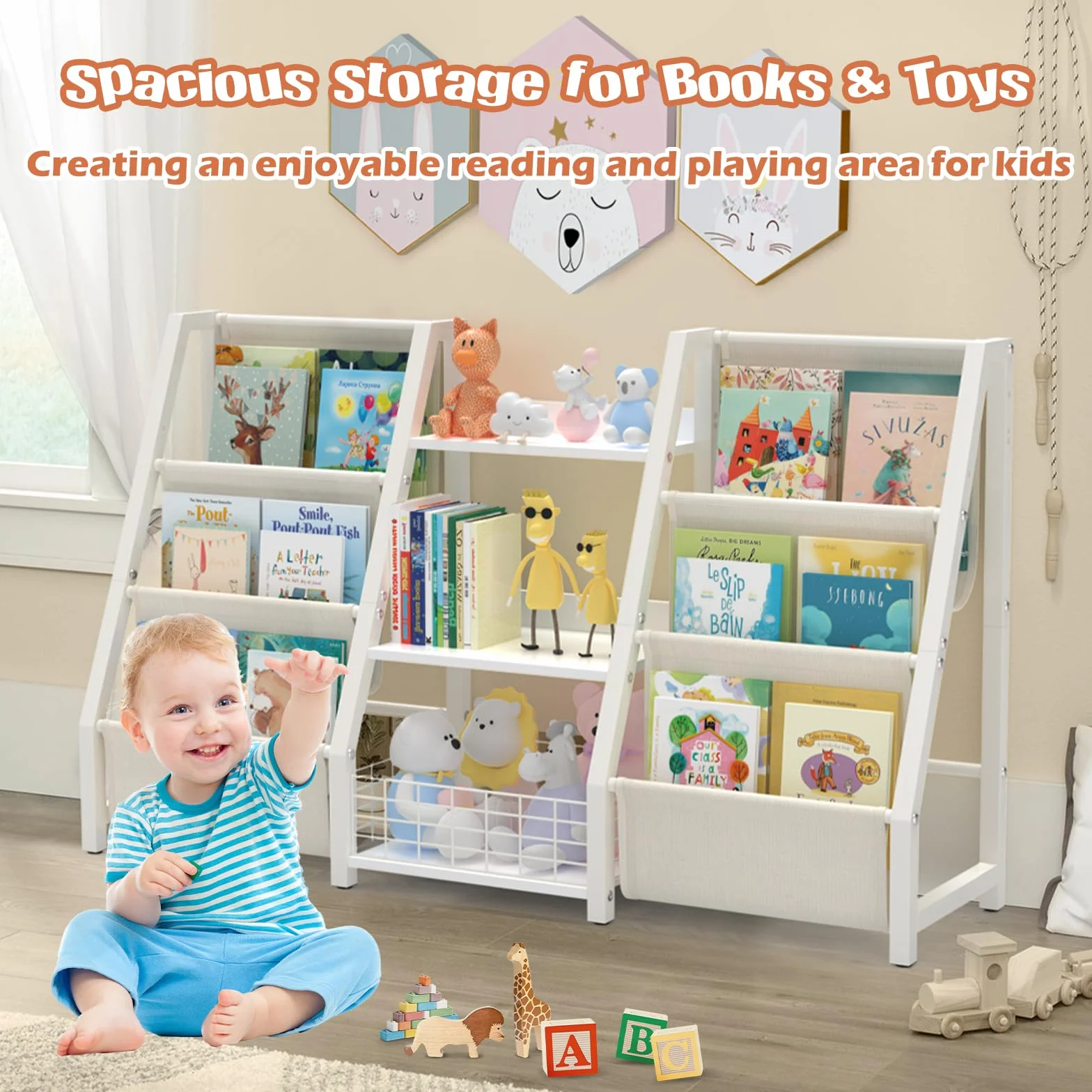 BORISI Estantería Montessori Infantil - Libreria con 6 Niveles, Estante Organizador de Juguetes y Libros para Niños, Mueble de Almacenaje para Dormitorio, 124x30x75 cm, Blanco