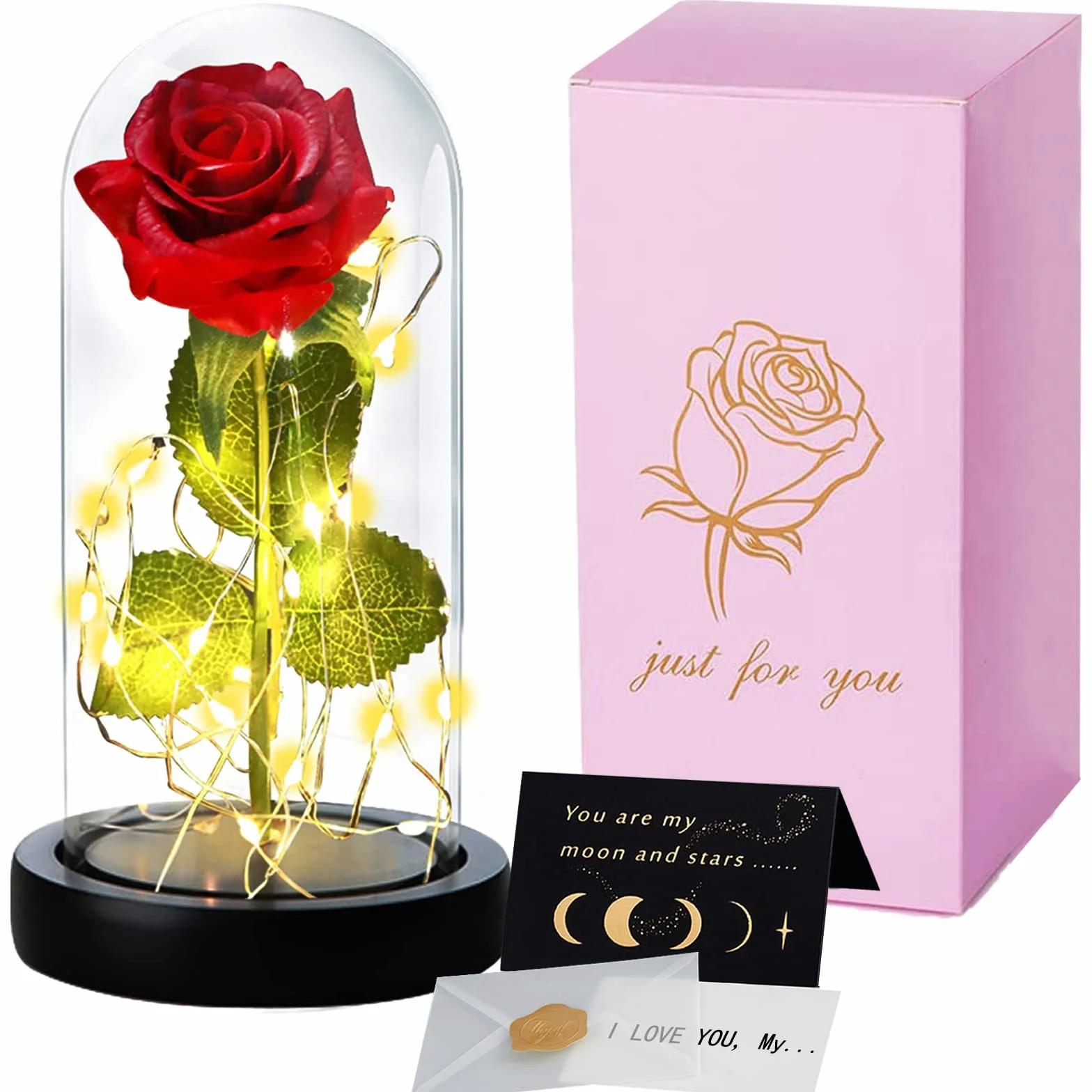Rosa Eterna Kit Elegante con Cúpula de Cristal Base Pino Luces LED Tarjeta de Felicitación Bella y Bestia