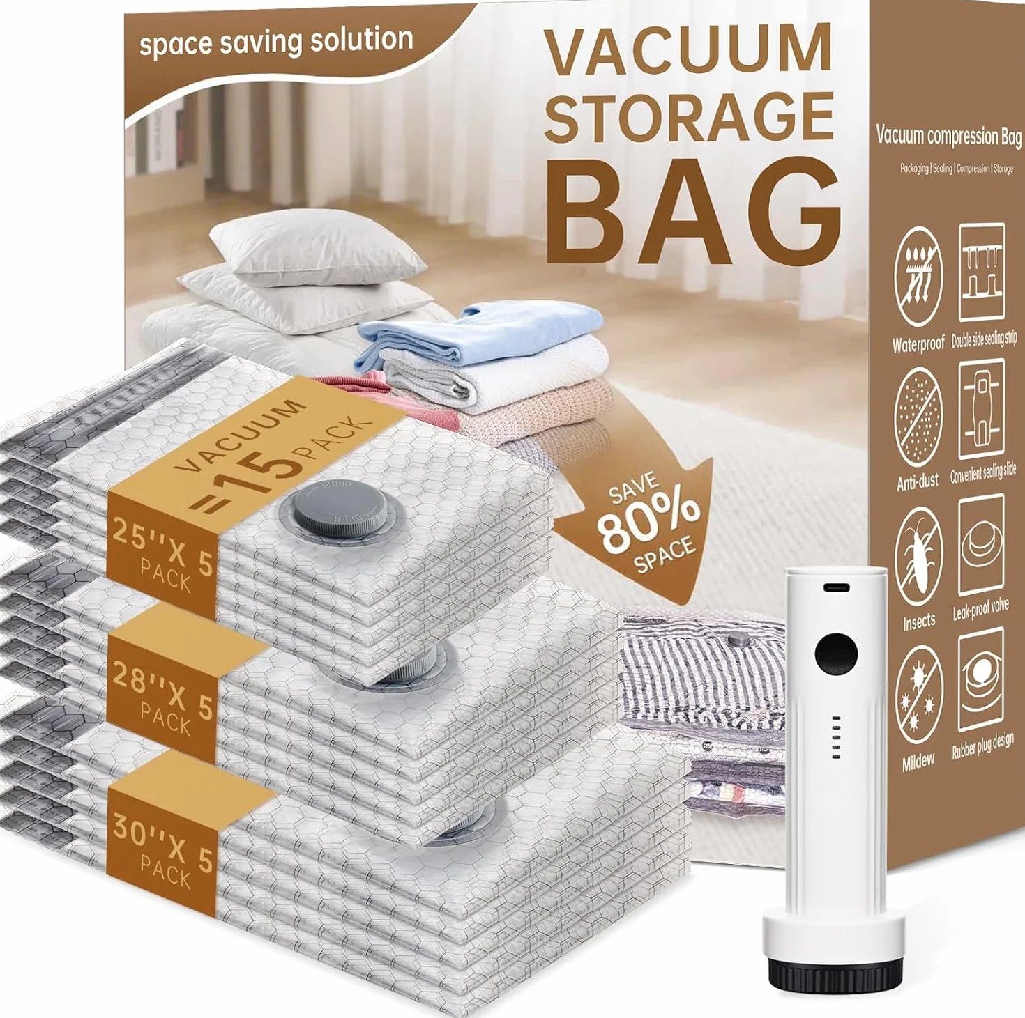 Bolsas de vacío para viajes con bomba recargable inalámbrica, paquete de 15 bolsas de sellado de compresión para equipaje y maleta, bolsas de almacenamiento al vacío ahorradoras de espacio para ropa y