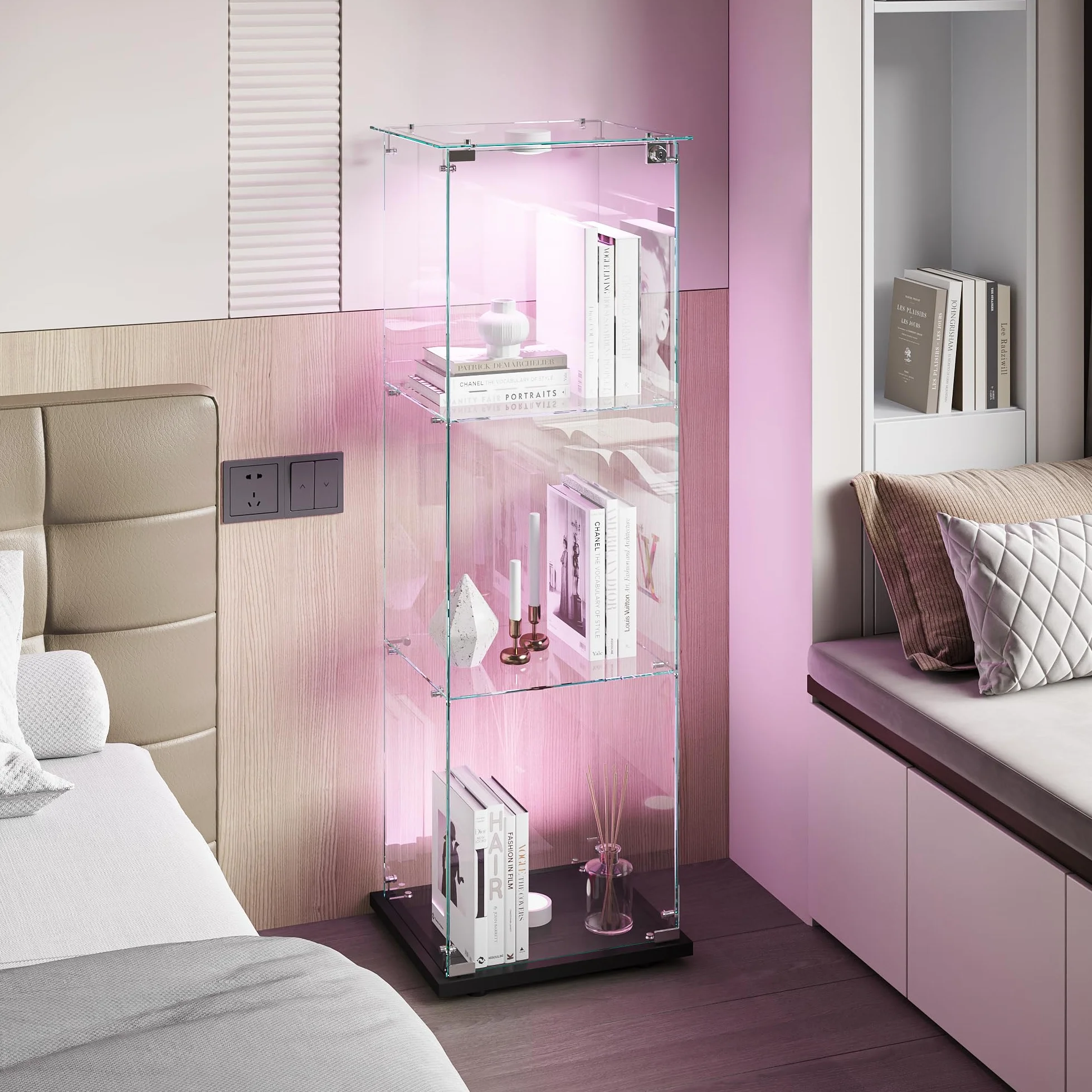 vitrina de cristal con LED, armario de colección moderno con 3 estantes 1 puerta, vitrina de pie para sala de estar, dormitorio, oficina, 123 x 40 x 35 cm (negro + puertas individuales + luces