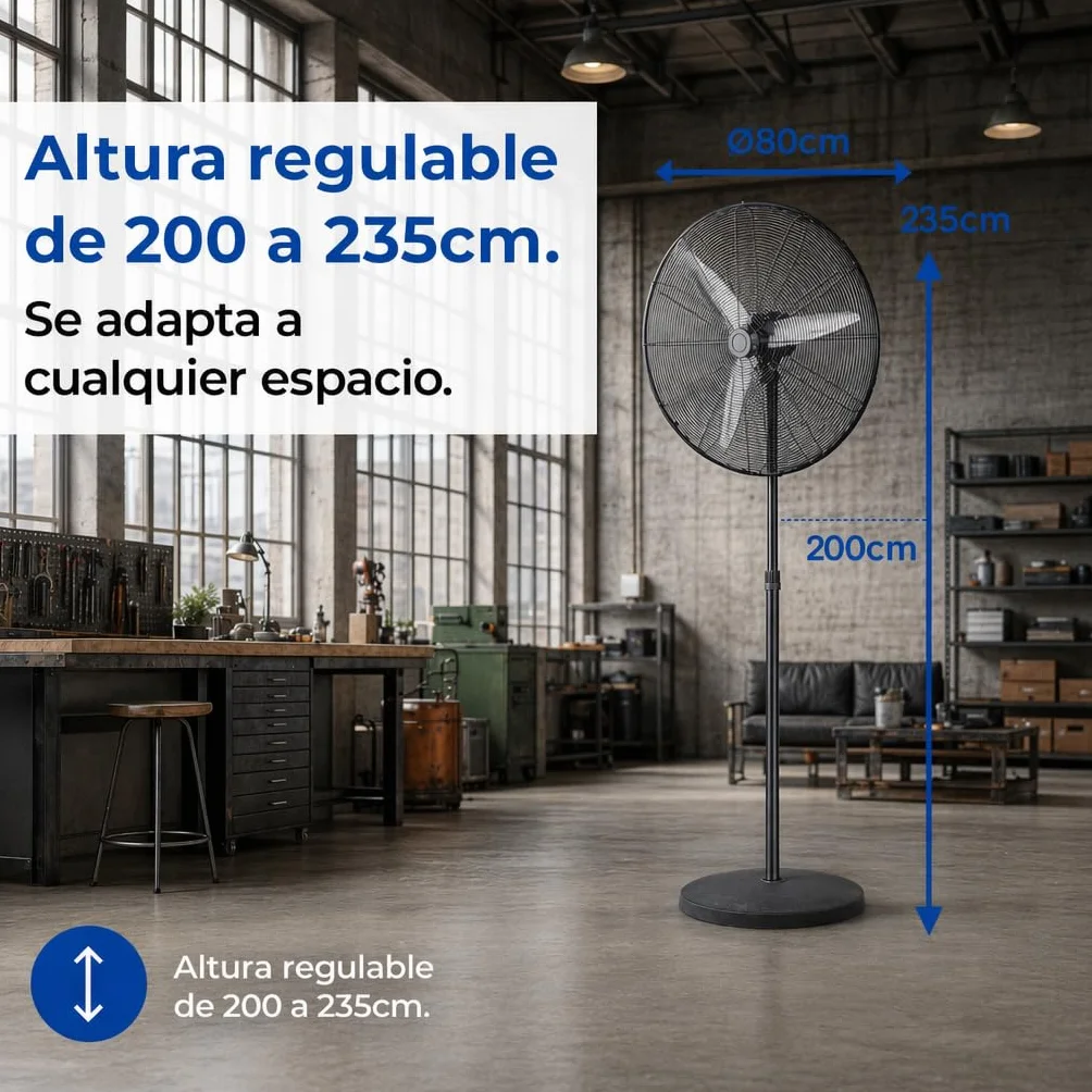 Ventilador de Pie Industrial 200W – 80 cm diametro, 3 Aspas Aluminio, 3 Velocidades, Oscilante y Orientable, Altura Regulable 200–235 cm, Base Pesada Antivuelco, Fijo y Rotatorio, Negro/Plata (200 W)
