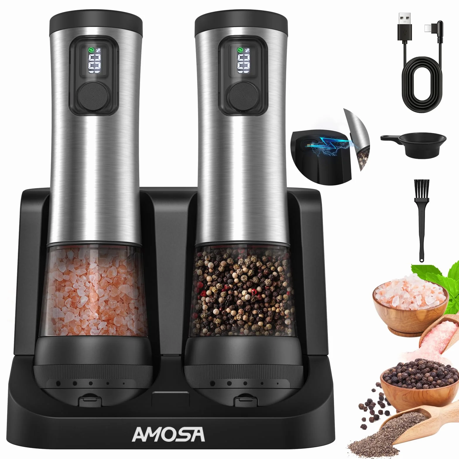 AMOSA Juego de Molinillo Pimienta Electrico de Sal, con 5 Tamaños de Grano & 2 Velocidades Ajustables, Base Recargable con Pantalla de Batería, Saleros de Cocina Automática acero Inoxidable con LED