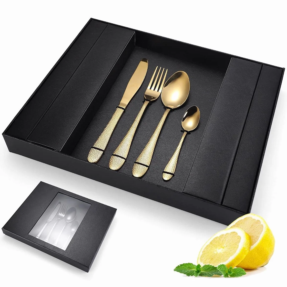 Juego de Cubiertos de Acero Inoxidable de 24 Piezas con Caja de Regalo. Incluye Cuchillos, Tenedores y cucharas. Acabado Pulido Espejo (Dorado).