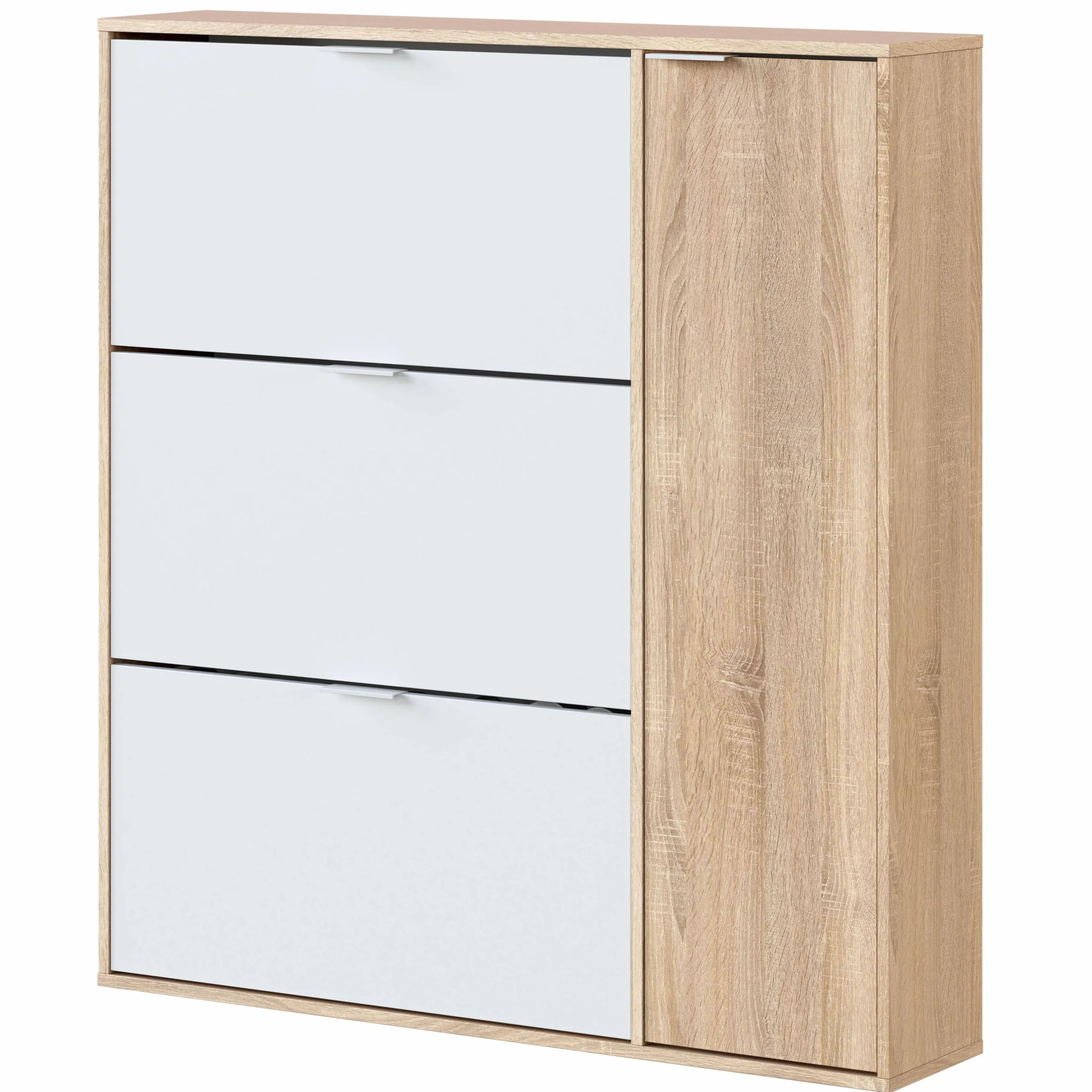 Habitdesign Mueble Zapatero 4 Puertas, Modelo Class, Acabado en Roble Canadian y Blanco Artik, Medidas: 106 cm (Ancho) x 115 cm (Alto) x 22 cm (Fondo)