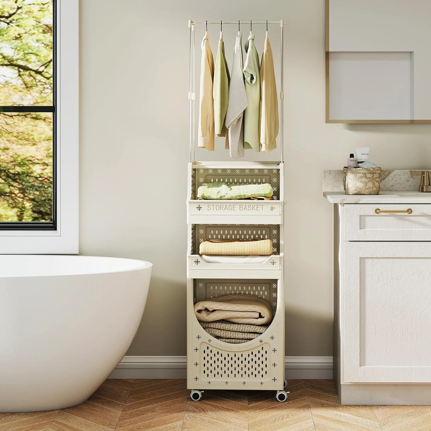 GIANTEX Cesto Ropa Sucia con Ruedas, Cesta de Lavandería Plegable con Copartimentos Abiertos, 6 Ganchos, Carrito de Almacenamiento para Baño, Dormitorio (81 L+Barra)