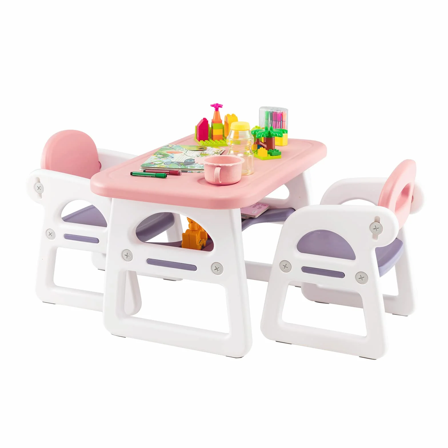 COSTWAY Juego de Mesa y Sillas para Niños, Juego de Escritorio Infantil para Leer, Dibujar, Escribir, Juego de Mesapara Interior con Estante de Almacenaje para Niños de 1 a 5 Años (Rosa y Morado)