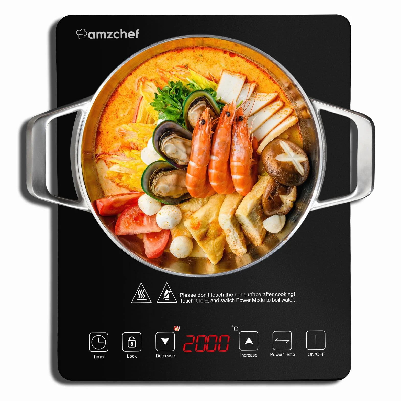 Placa Inducción Portatil AMZCHEF, placa de inducción de 2000 W con cuerpo delgado, 20 niveles de potencia, 20 configuraciones de temperatura, temporizador de 3 horas, negro