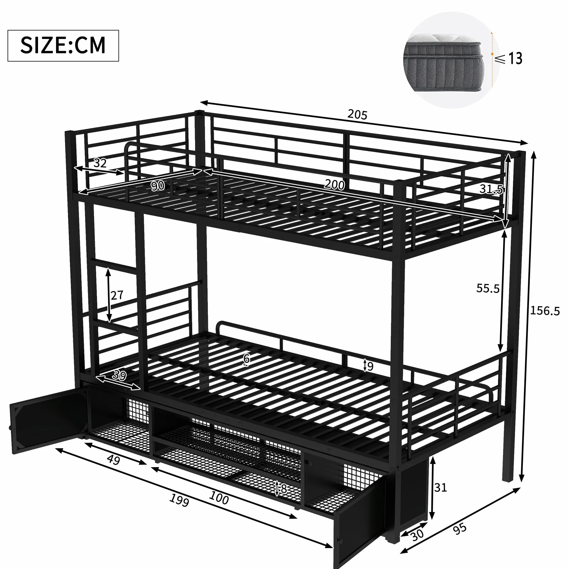 Cama litera de hierro, adecuada para niños y adolescentes, con escalera lateral y rejilla de protección, color negro, 90 x 200 cm